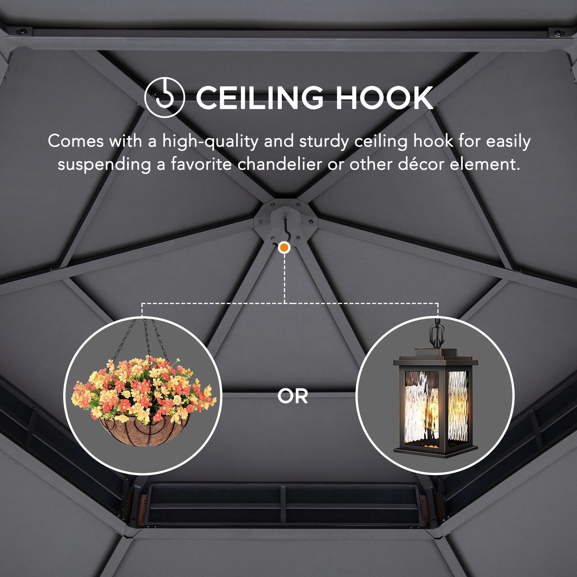 SUNJOY 13x15 Hexagon Steel Roof Hardtop Gazebo with 6 Solar Lights and Woodgrain Aluminum Posts 