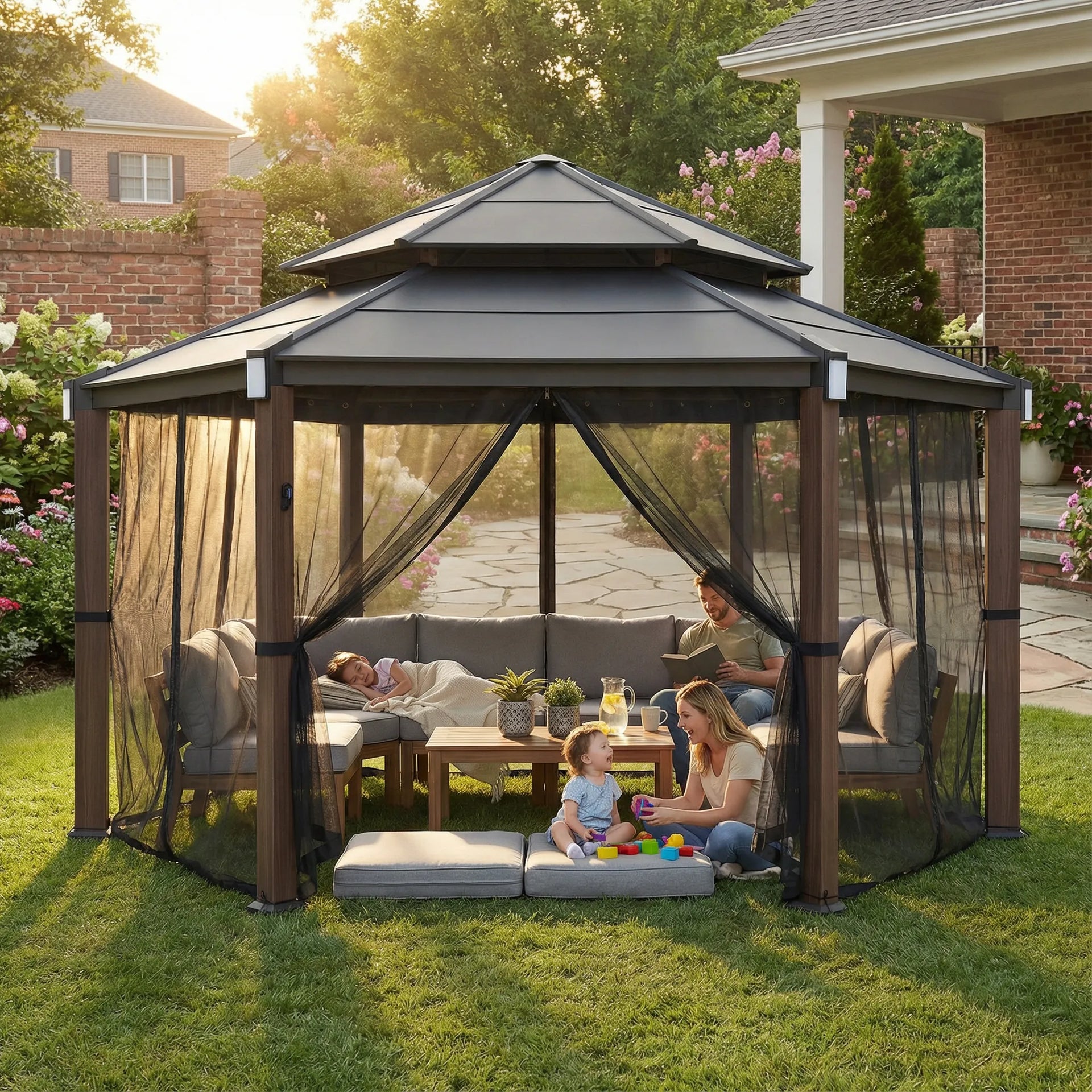 Reach For Sun うかく 15x15 Hexagon Metal Gazebo | Steel Roof & 6 Solar Lights - SUNJOY CA