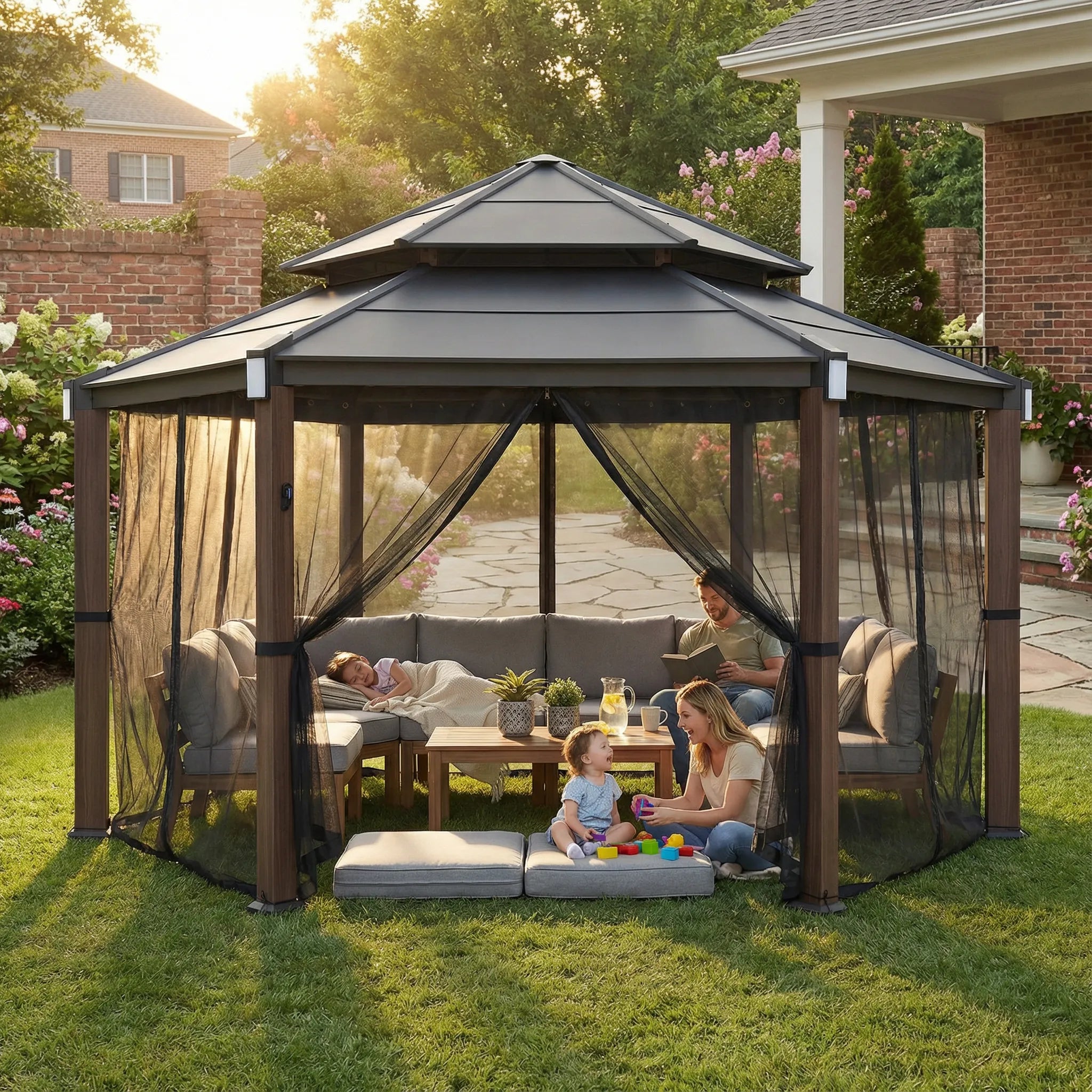 SUNJOY 13x15 Hexagon Steel Roof Hardtop Gazebo with 6 Solar Lights and Woodgrain Aluminum Posts