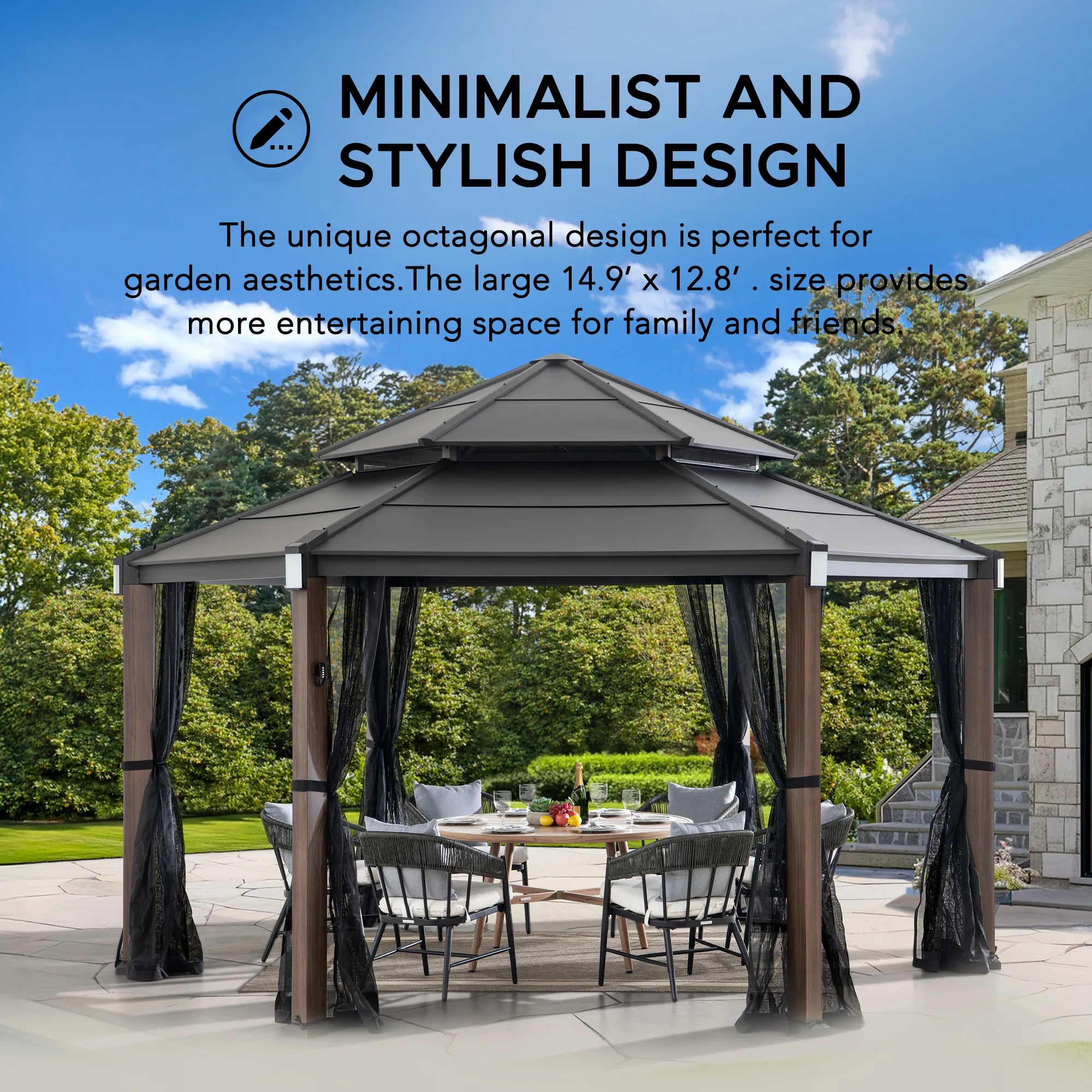 SUNJOY 13x15 Hexagon Steel Roof Hardtop Gazebo with 6 Solar Lights and Woodgrain Aluminum Posts 