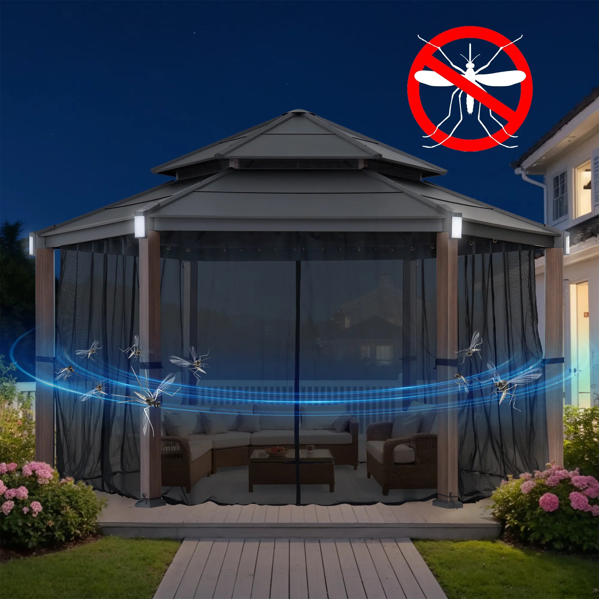 SUNJOY 13x15 Hexagon Steel Roof Hardtop Gazebo with 6 Solar Lights and Woodgrain Aluminum Posts 