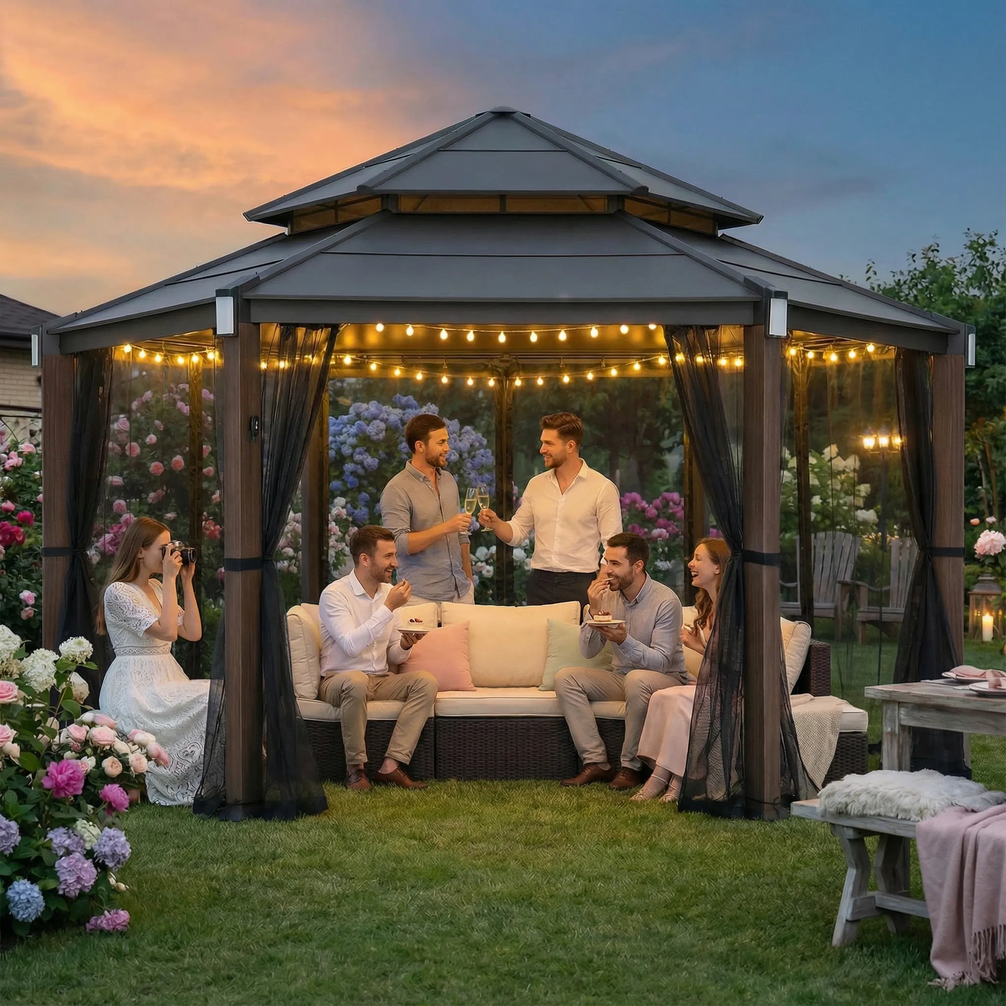 SUNJOY 13x15 Hexagon Steel Roof Hardtop Gazebo with 6 Solar Lights and Woodgrain Aluminum Posts 