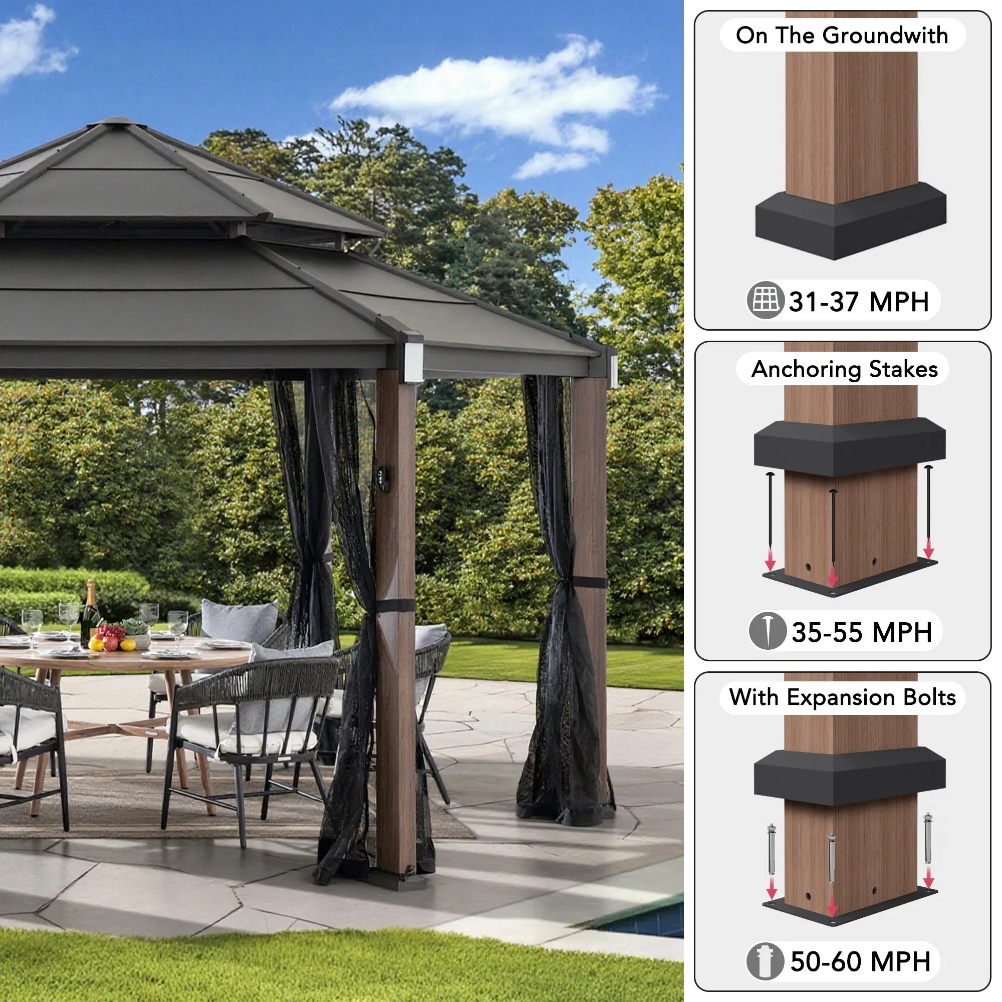 SUNJOY 13x15 Hexagon Steel Roof Hardtop Gazebo with 6 Solar Lights and Woodgrain Aluminum Posts 