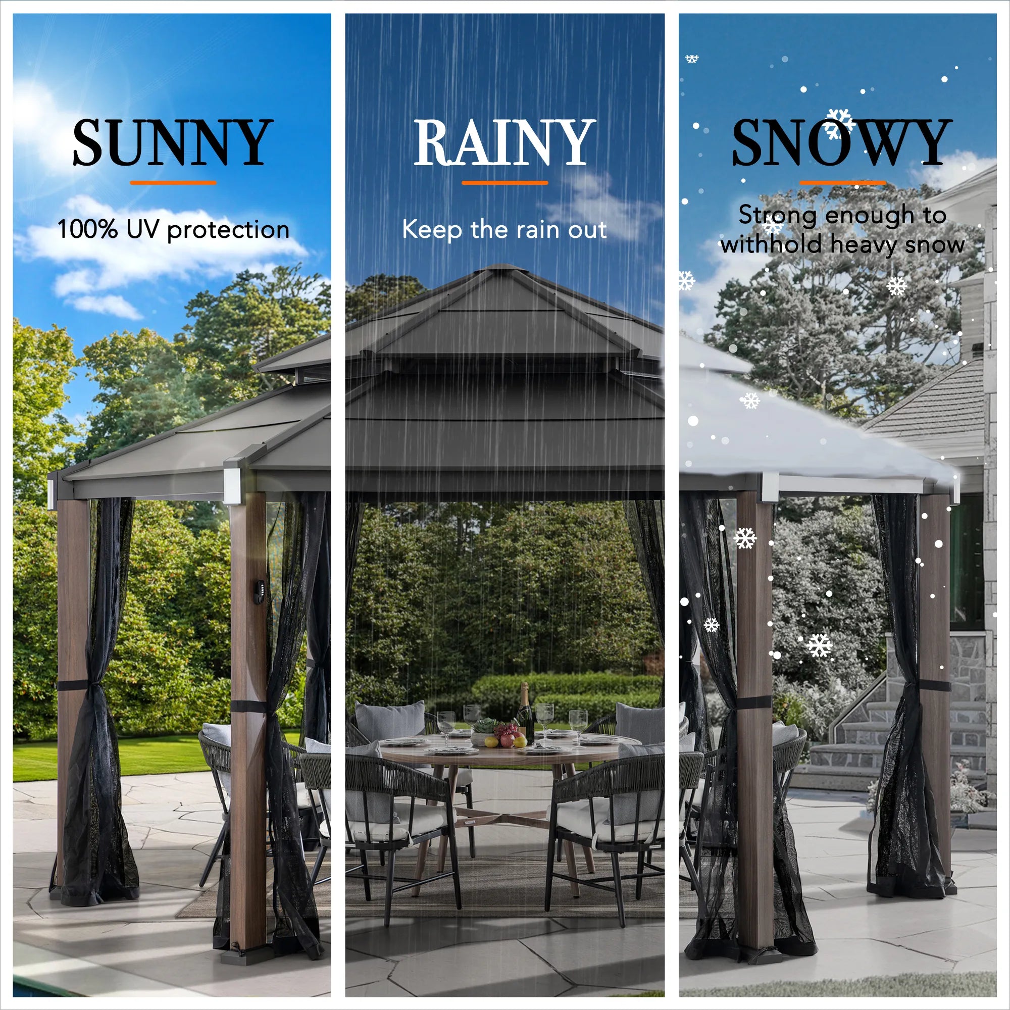 SUNJOY 13x15 Hexagon Steel Roof Hardtop Gazebo with 6 Solar Lights and Woodgrain Aluminum Posts 