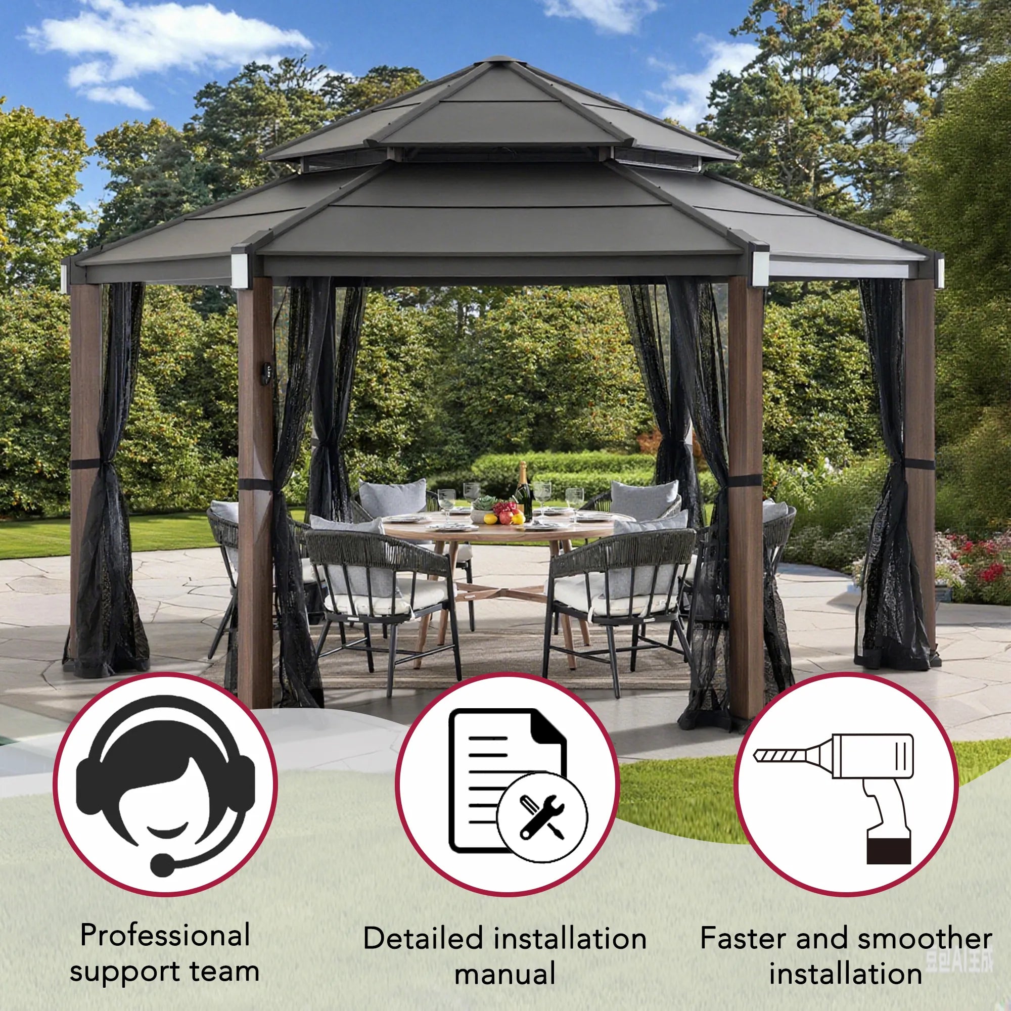 SUNJOY 13x15 Hexagon Steel Roof Hardtop Gazebo with 6 Solar Lights and Woodgrain Aluminum Posts 
