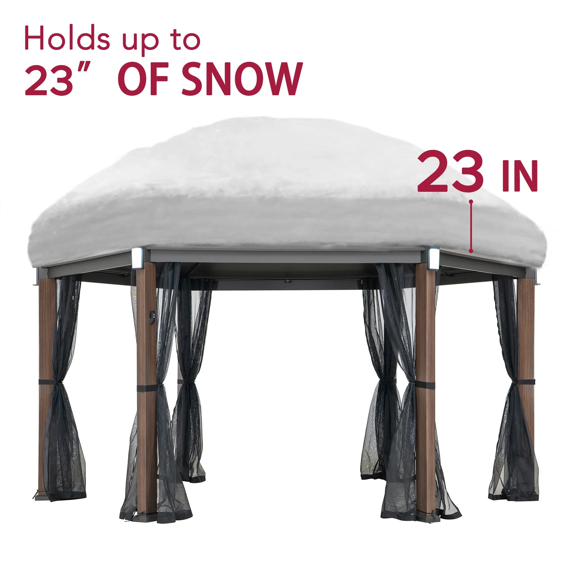 SUNJOY 13x15 Hexagon Steel Roof Hardtop Gazebo with 6 Solar Lights and Woodgrain Aluminum Posts 