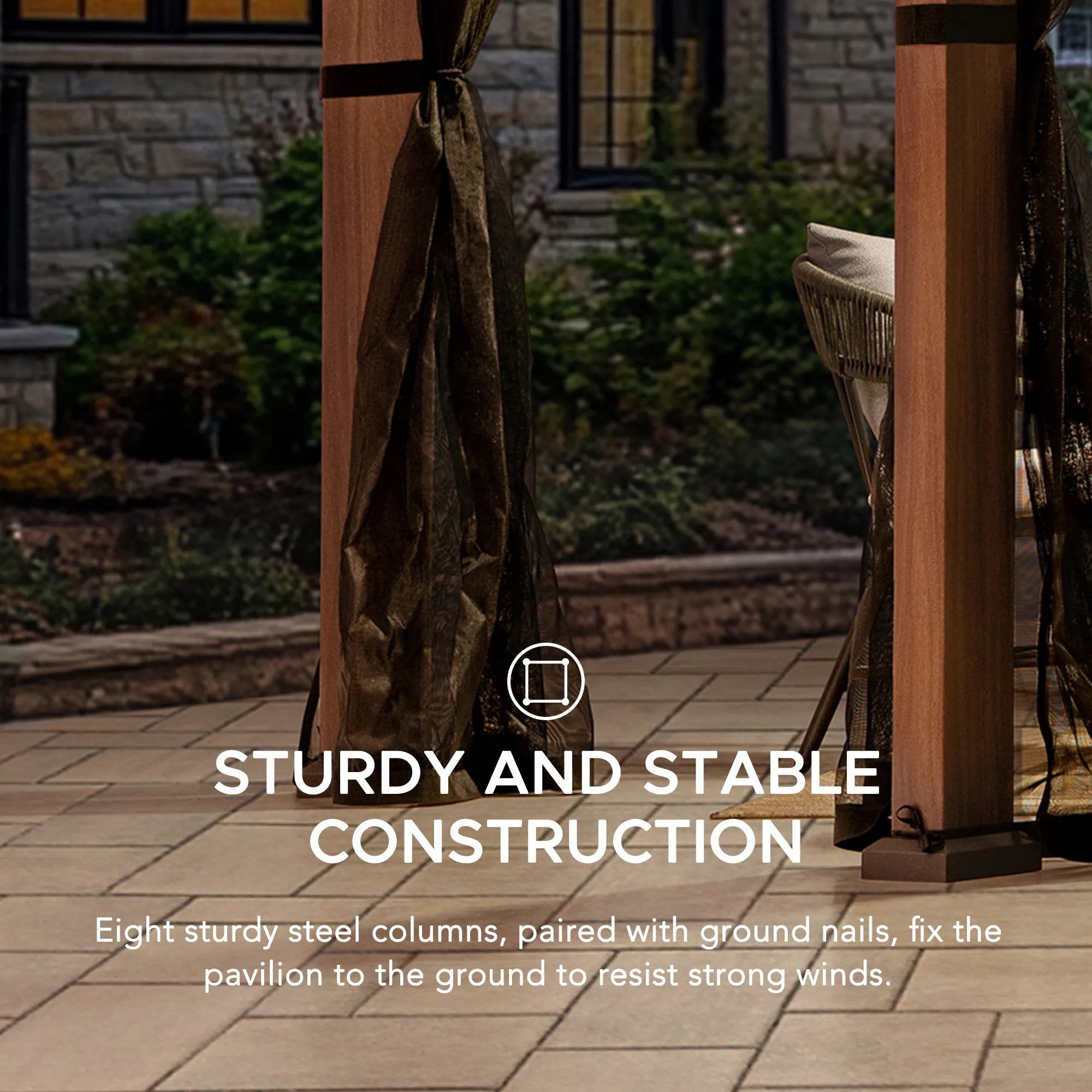 SUNJOY 13x15 Hexagon Steel Roof Hardtop Gazebo with 6 Solar Lights and Woodgrain Aluminum Posts 