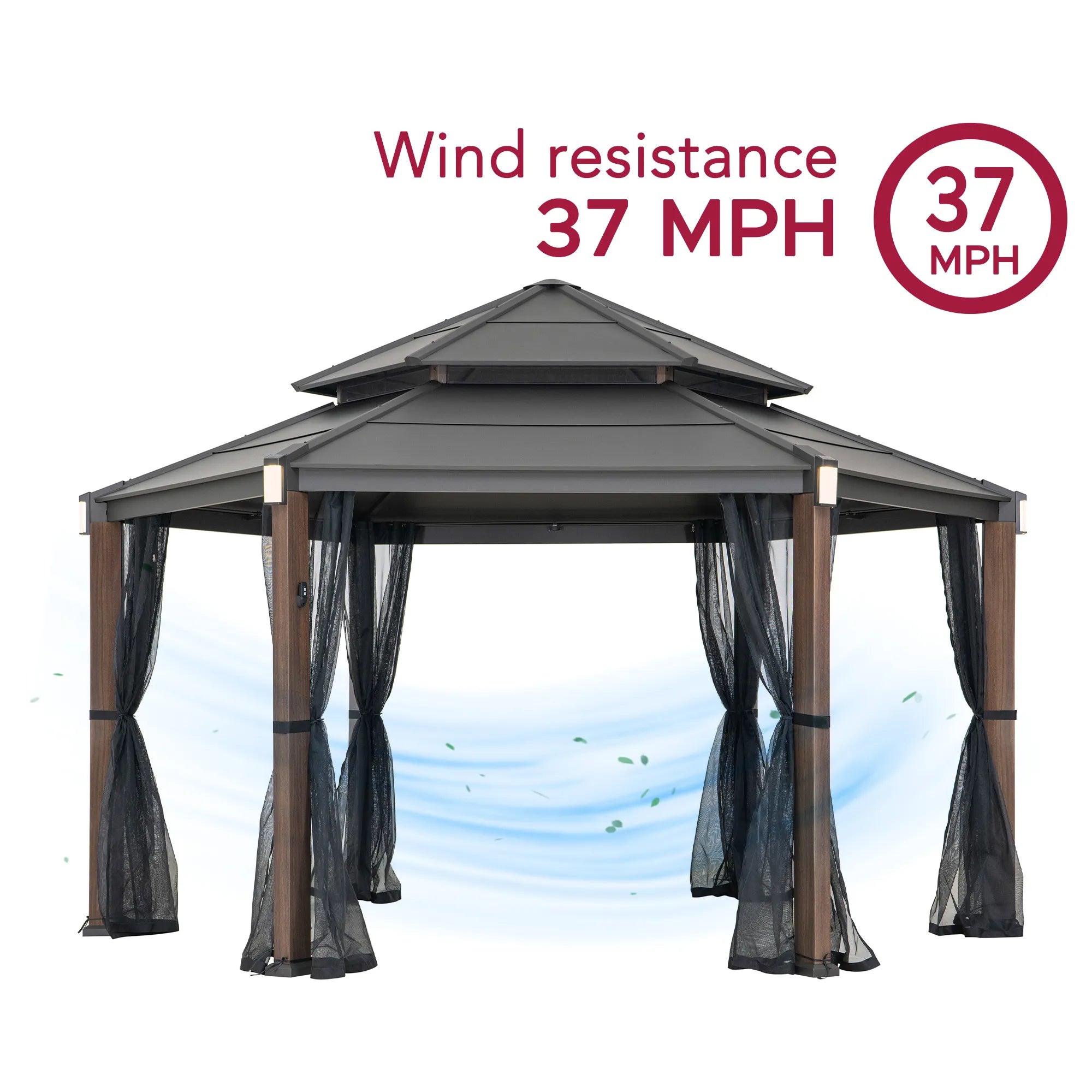 SUNJOY 13x15 Hexagon Steel Roof Hardtop Gazebo with 6 Solar Lights and Woodgrain Aluminum Posts 