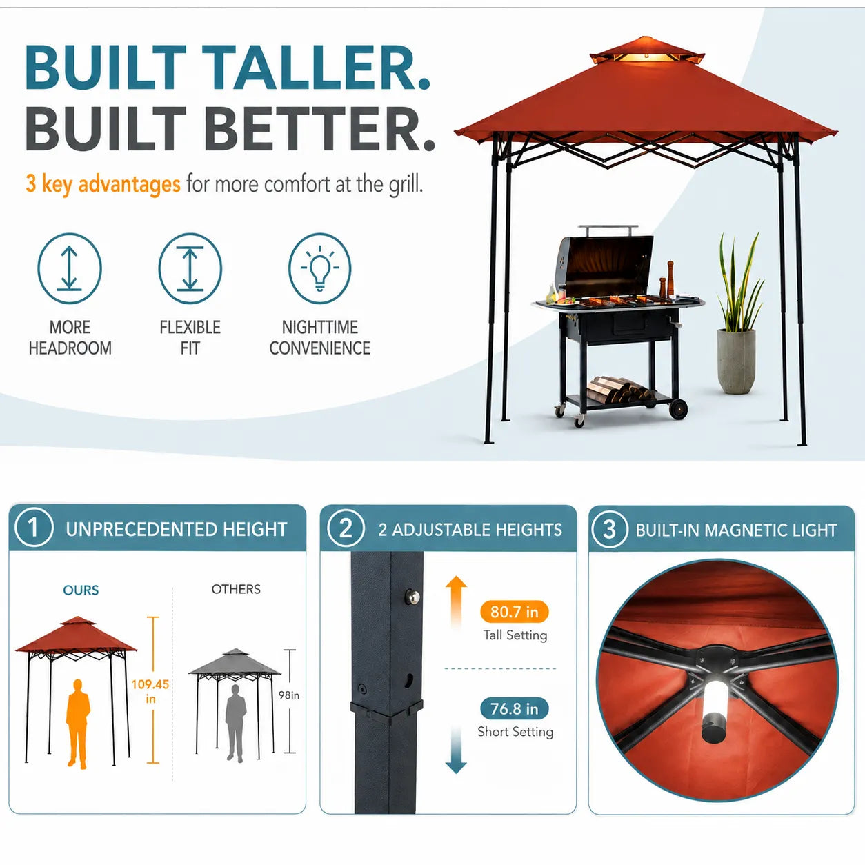 Nomad Extra-Tall Pop-Up Grill Gazebo, Height Adjustable - Red, 8x5