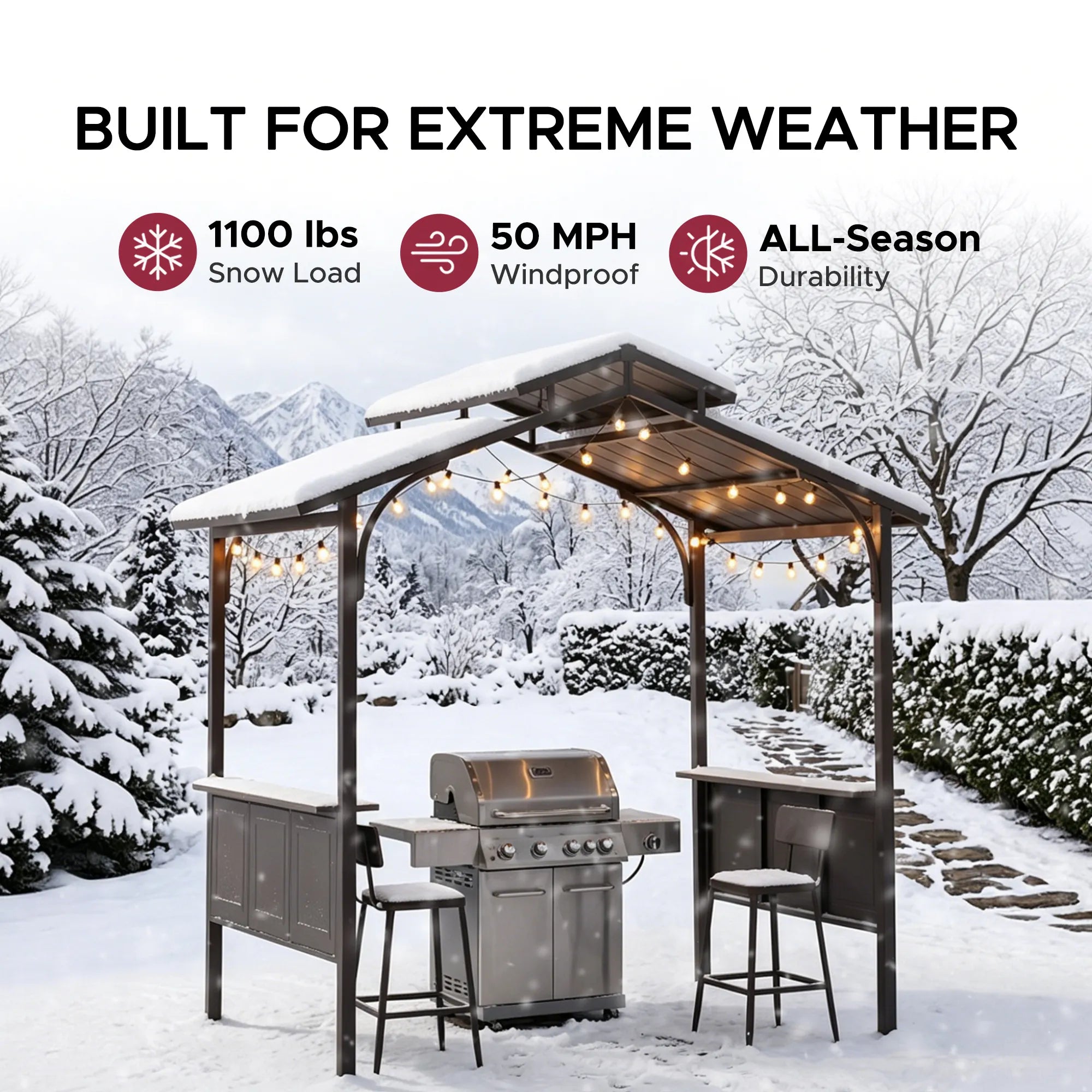 SUNJOY Outdoor Patio 8x5 Brown 2-Tier Steel Backyard Hardtop Grill Gazebo with Metal Ceiling Hook and Bar Shelves