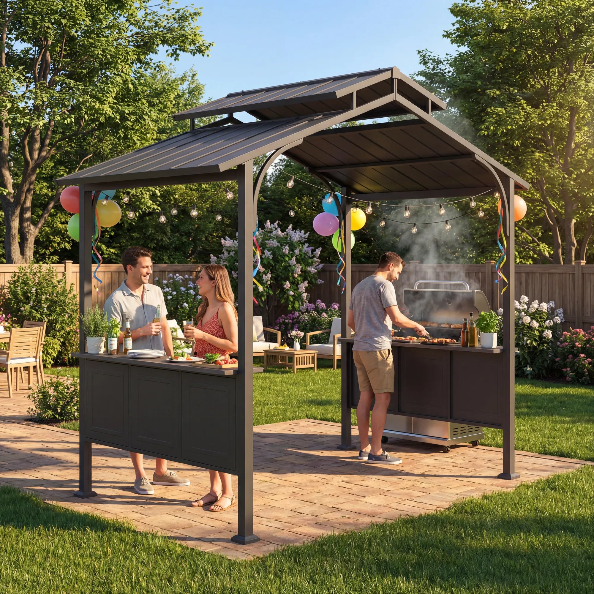 SUNJOY Outdoor Patio 8x5 Brown 2-Tier Steel Backyard Hardtop Grill Gazebo with Metal Ceiling Hook and Bar Shelves