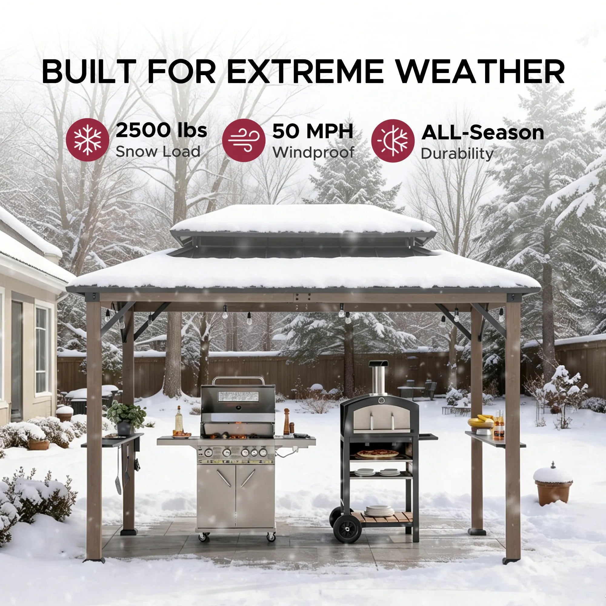 SUNJOY 8x12 Wood Frame Grill Gazebo with Electrical Outlets and Shelves - Brown