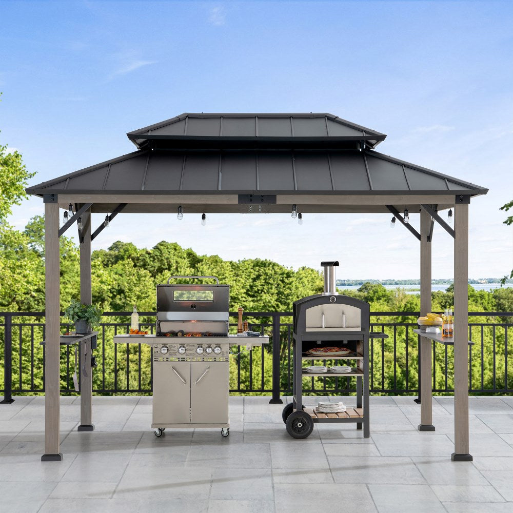 SUNJOY 8' x 12' Grill Gazebo, Wood Frame Hardtop Gazebo with Electrical Outlets and Shelves 