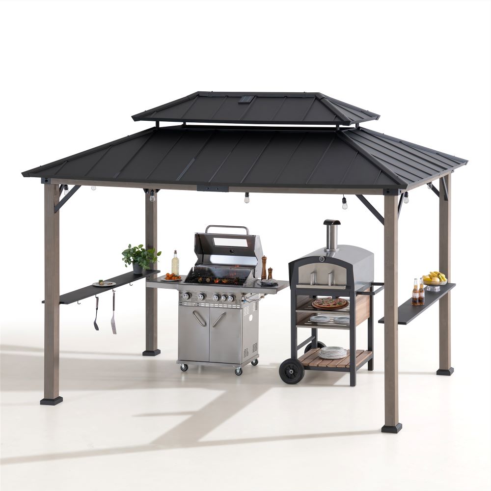 SUNJOY Grill Gazebo, 8x12 Cedar Frame Hardtop Gazebo with Solar Power and Shelves 