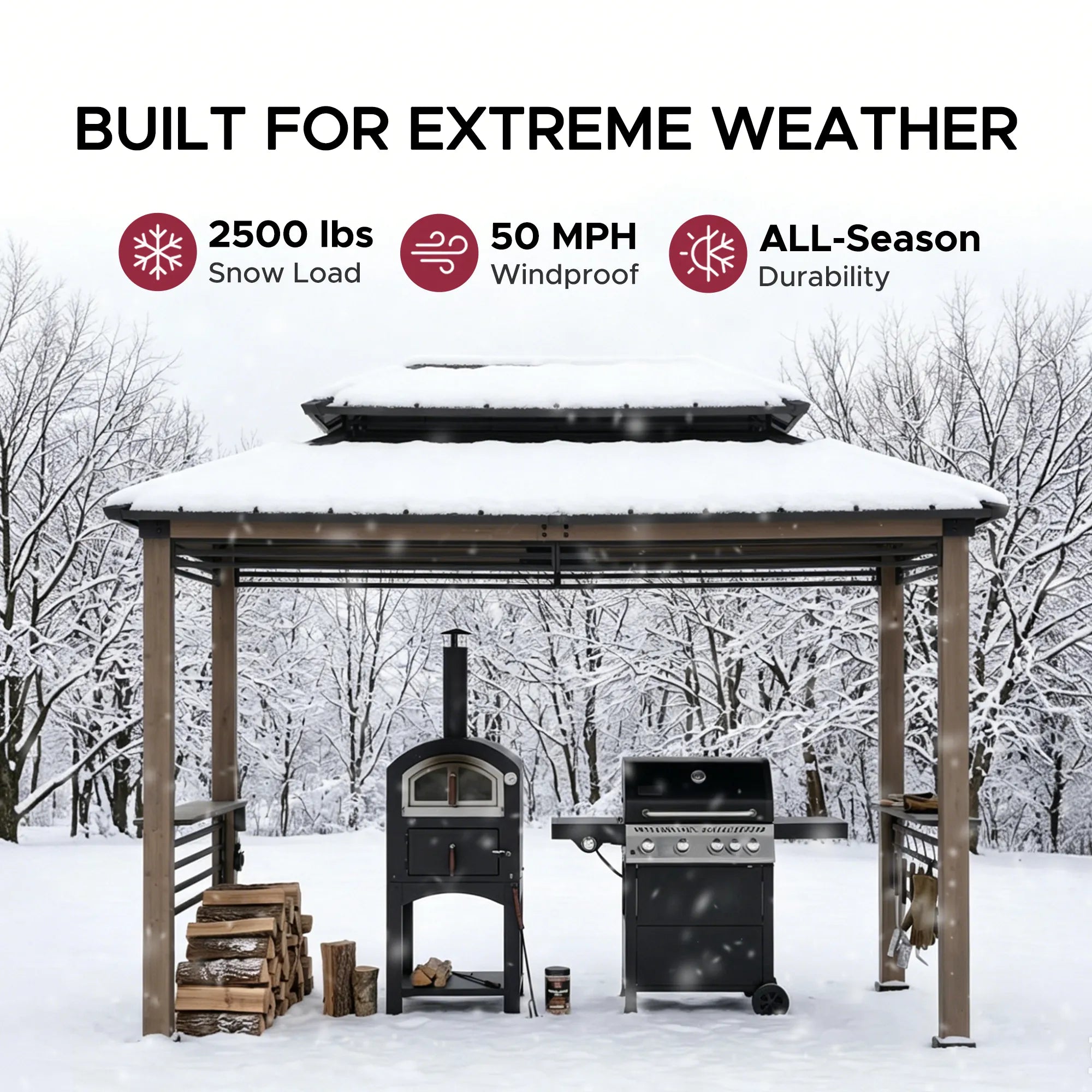 SUNJOY 8x12 Wood Frame Grill Gazebo with Electrical Outlets, Fence and Shelves - Brown