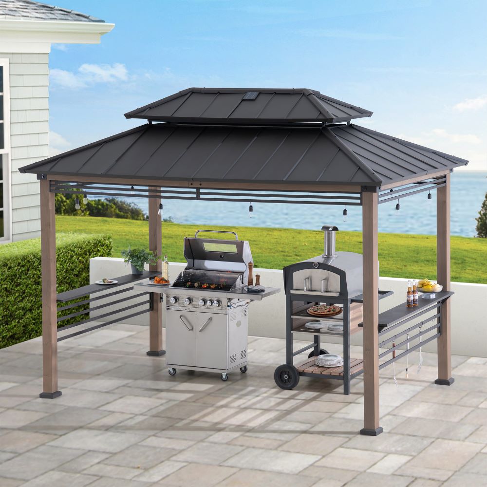 SUNJOY 8' x 12' Grill Gazebo, Wood Frame Hardtop Gazebo with Electrical Outlets and Shelves 