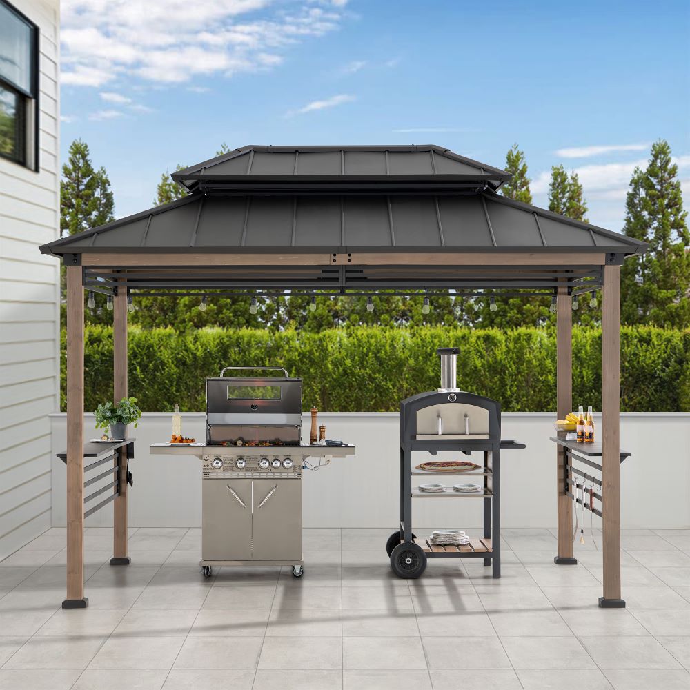 SUNJOY 8' x 12' Grill Gazebo, Wood Frame Hardtop Gazebo with Electrical Outlets and Shelves 