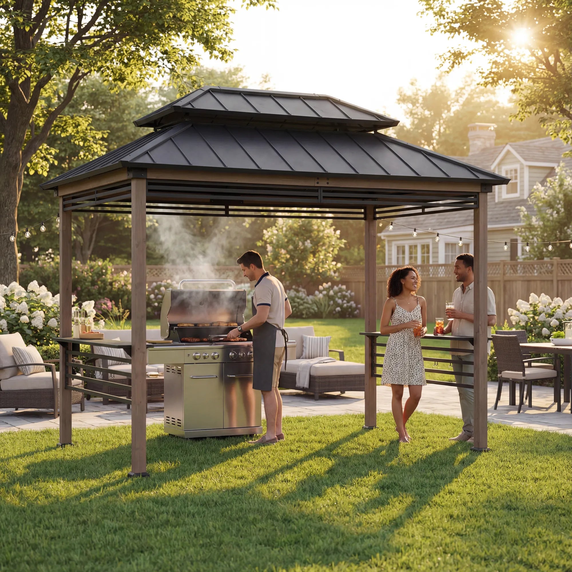 SUNJOY 8x12 Wood Frame Grill Gazebo with Electrical Outlets, Fence and Shelves - Brown