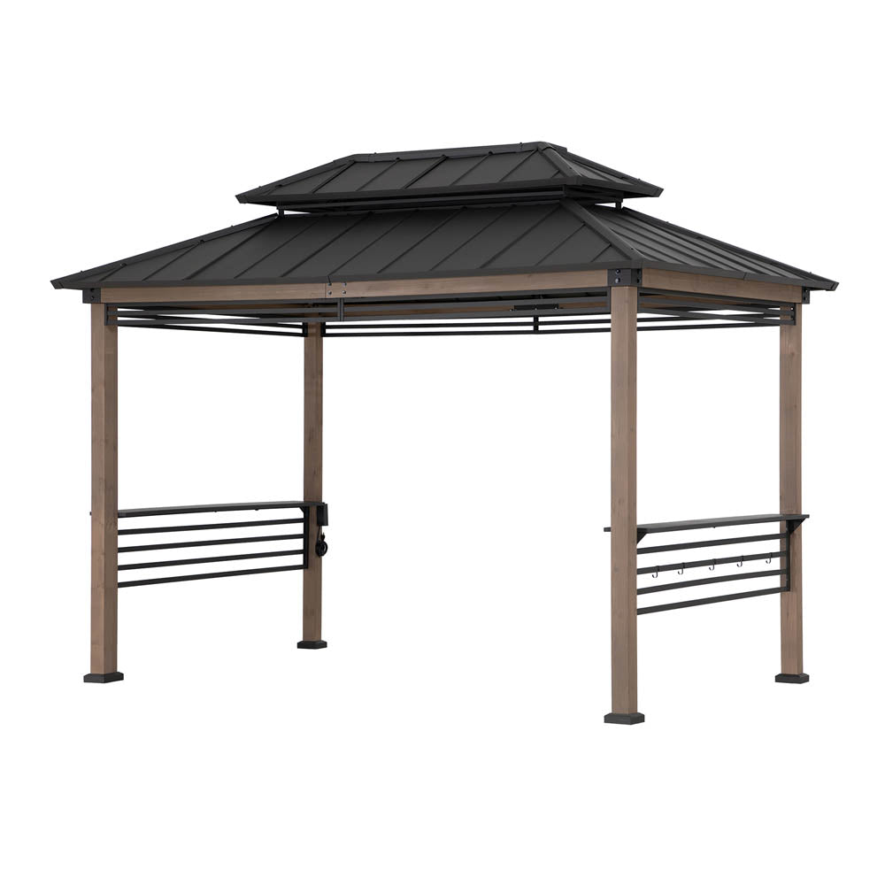 Sunjoy Grill Gazebo, 8' x 12' Wood Frame Hardtop Gazebo with Electrical Outlets and Shelves.