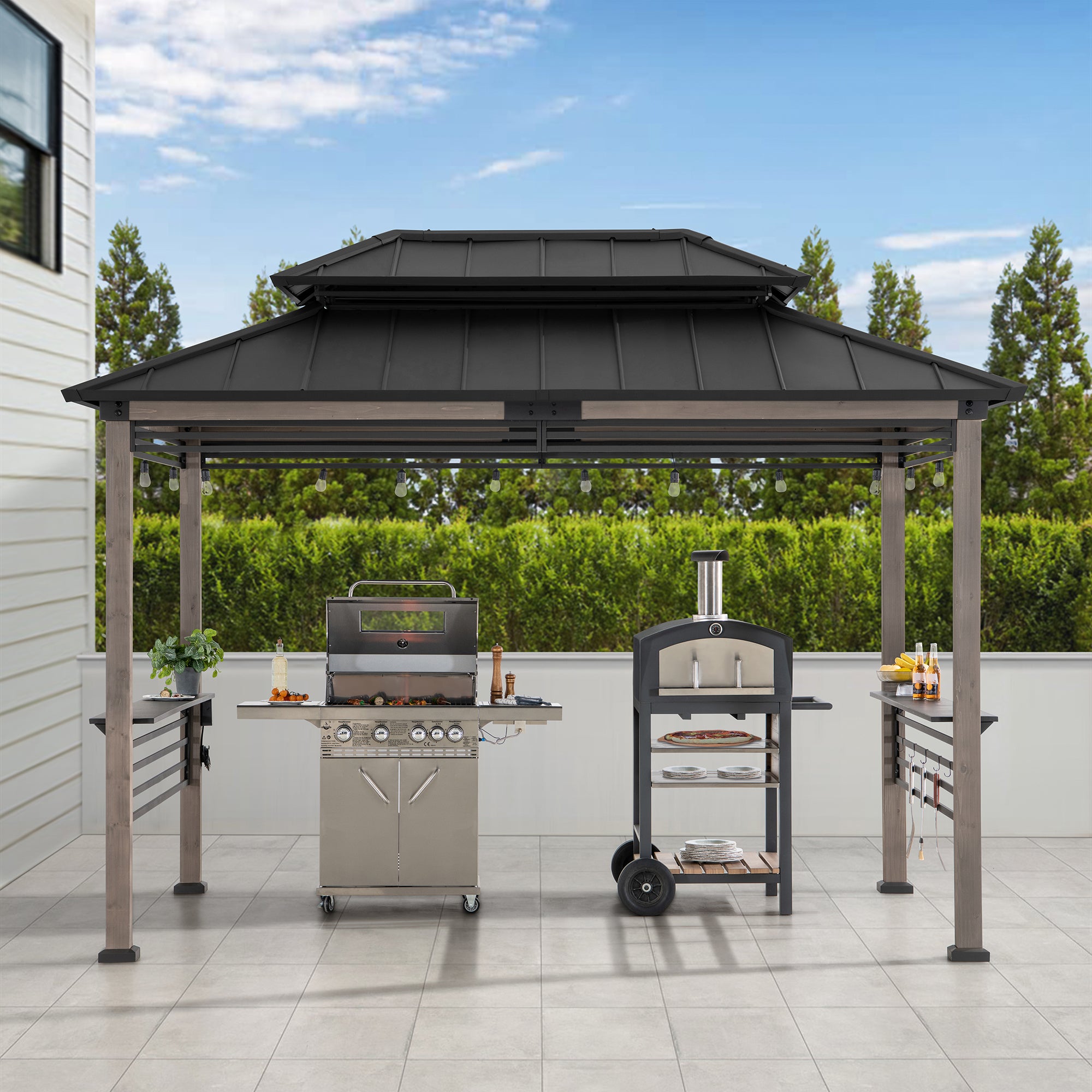 SUNJOY 8' x 12' Grill Gazebo, Wood Frame Hardtop Gazebo with Electrical Outlets and Shelves 