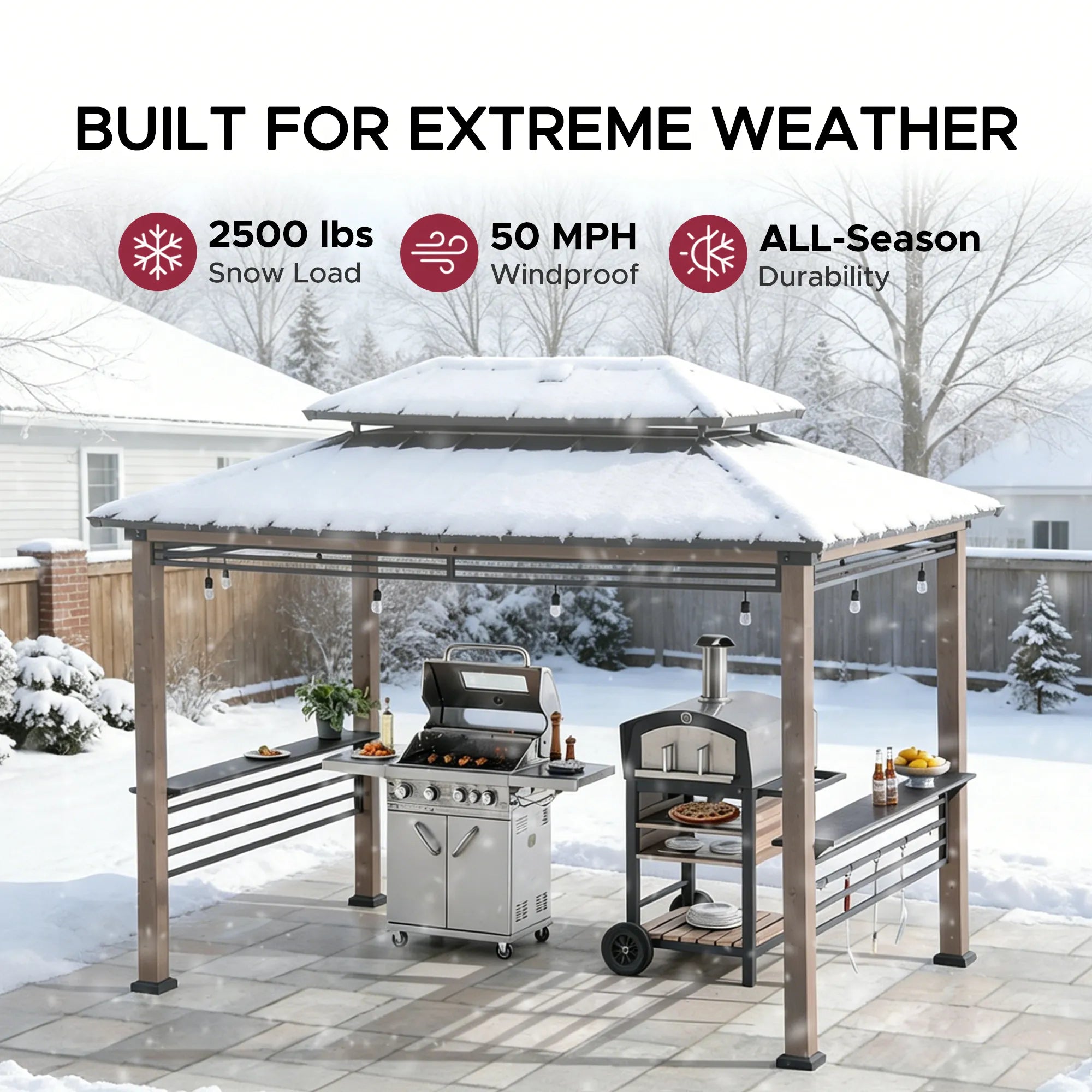 SUNJOY 8x12 Cedar Frame Grill Gazebo with Solar Power, Fence and Shelves - Brown