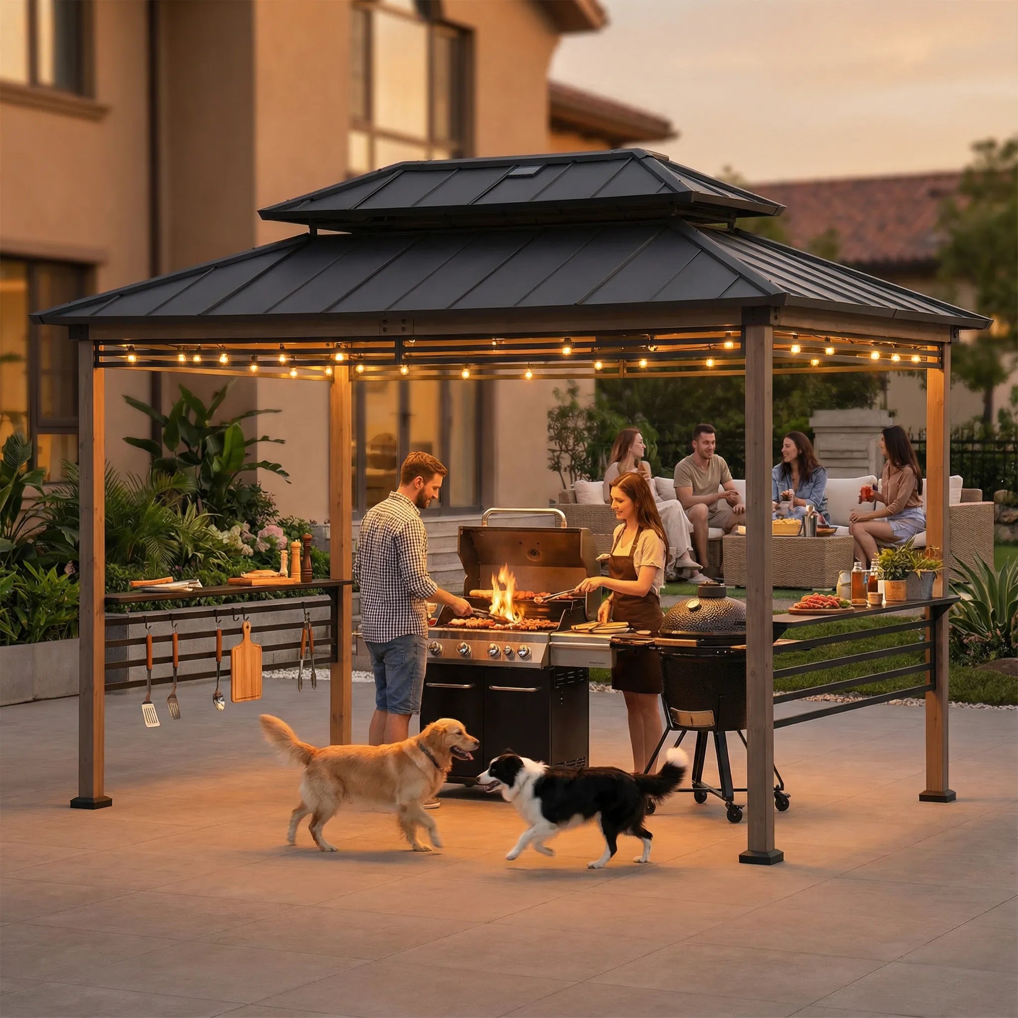 SUNJOY 8x12 Cedar Frame Grill Gazebo with Solar Power, Fence and Shelves - Brown