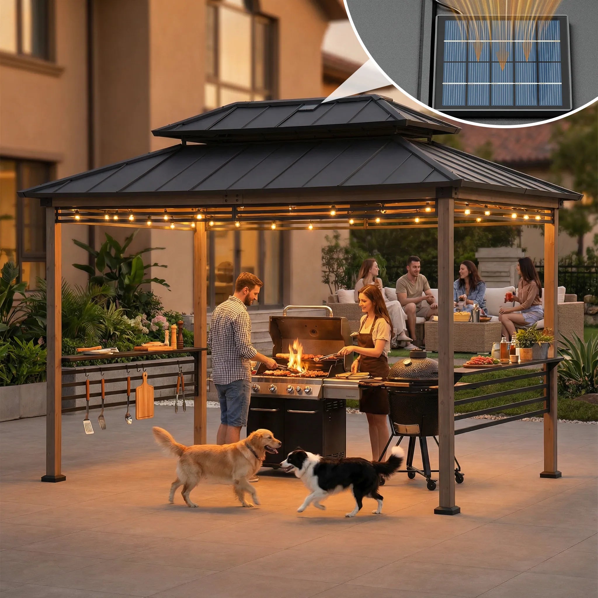 SUNJOY 8x12 Cedar Frame Grill Gazebo with Solar Power, Fence and Shelves - Brown