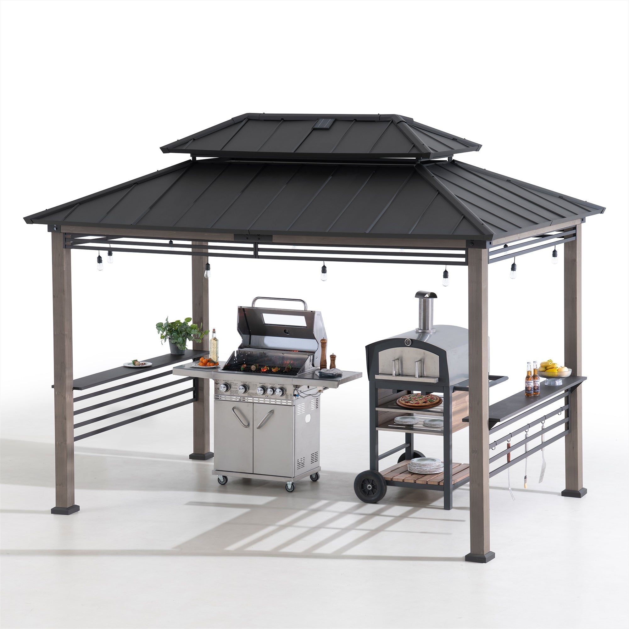 SUNJOY Grill Gazebo, 8x12 Cedar Frame Hardtop Gazebo with Solar Power and Shelves 