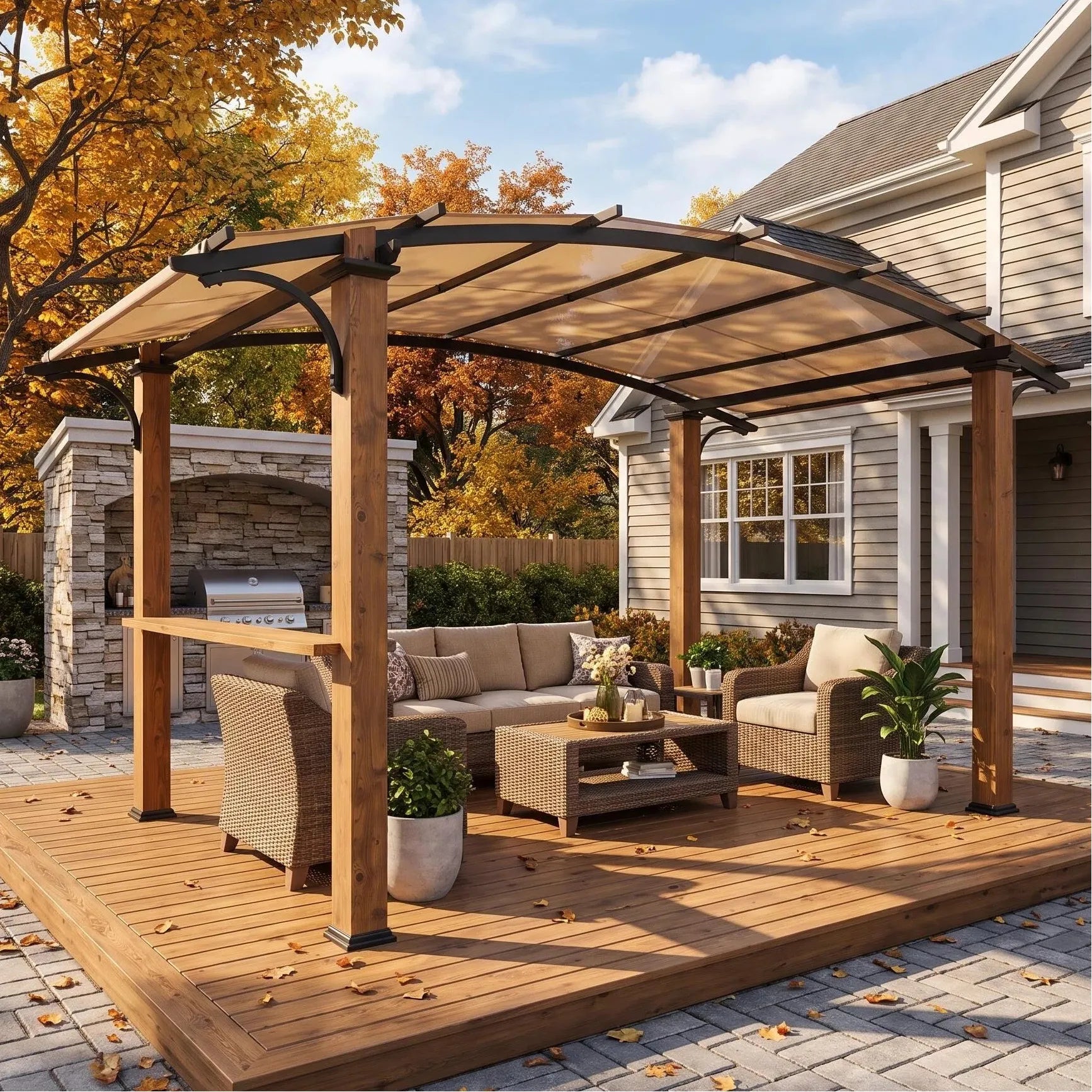 Arcadia Arched Metal Pergola with Bar Counter, 9x13