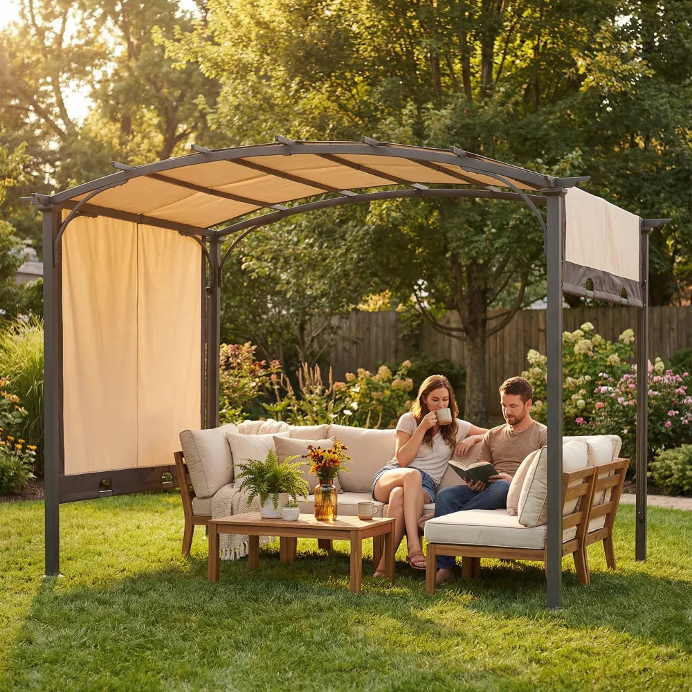 SUNJOY Outdoor Patio 9x11 Modern Tan Metal Arched Pergola Kit with Adjustable Canopy