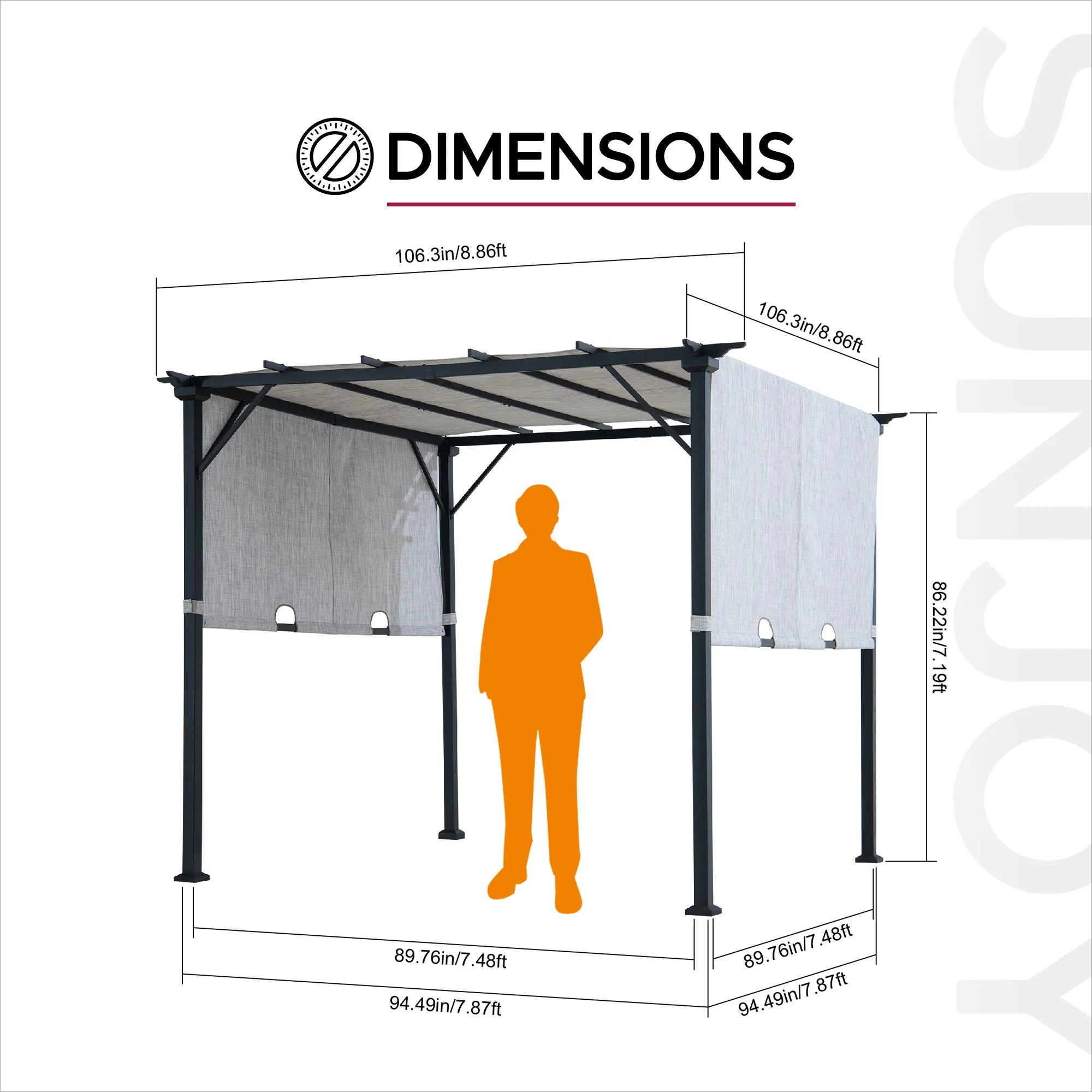 SUNJOY 9x9 Matte Black Steel Frame Pergola with Adjustable Canopy Roof - Gray