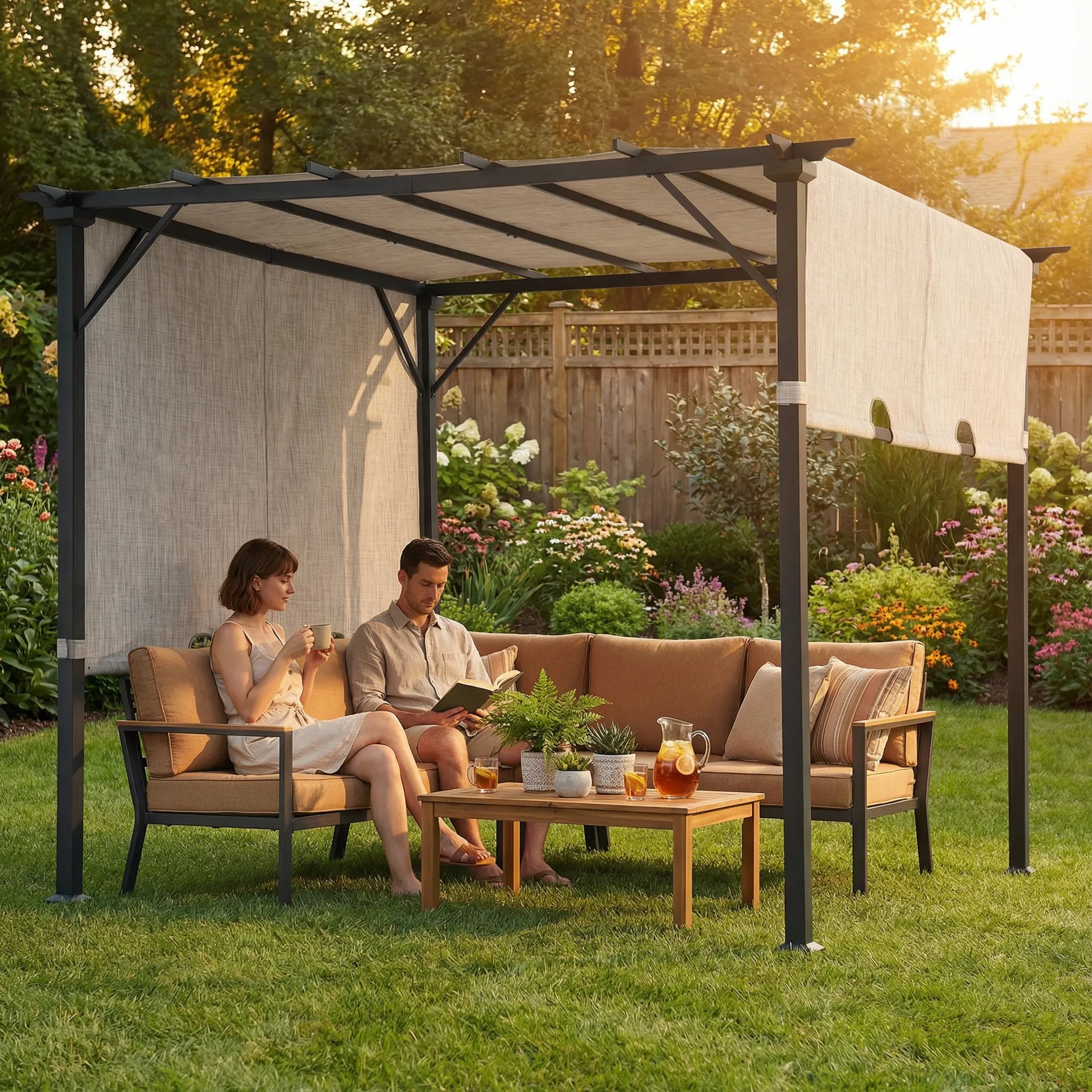 SUNJOY 9x9 Matte Black Steel Frame Pergola with Adjustable Canopy Roof - Gray