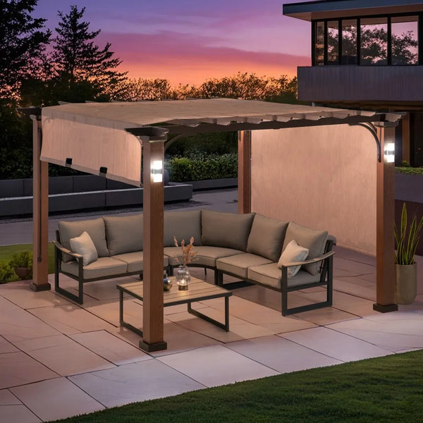 SUNJOY 11x11 Wood-Look Finish Pergola with Canopy and Solar Lights