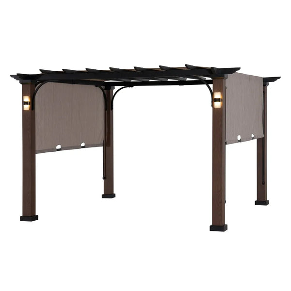 SUNJOY 11x11 Outdoor Patio Modern Pergola Kit with Solar Accent Lights and Tan Adjustable Canopy for Shade
