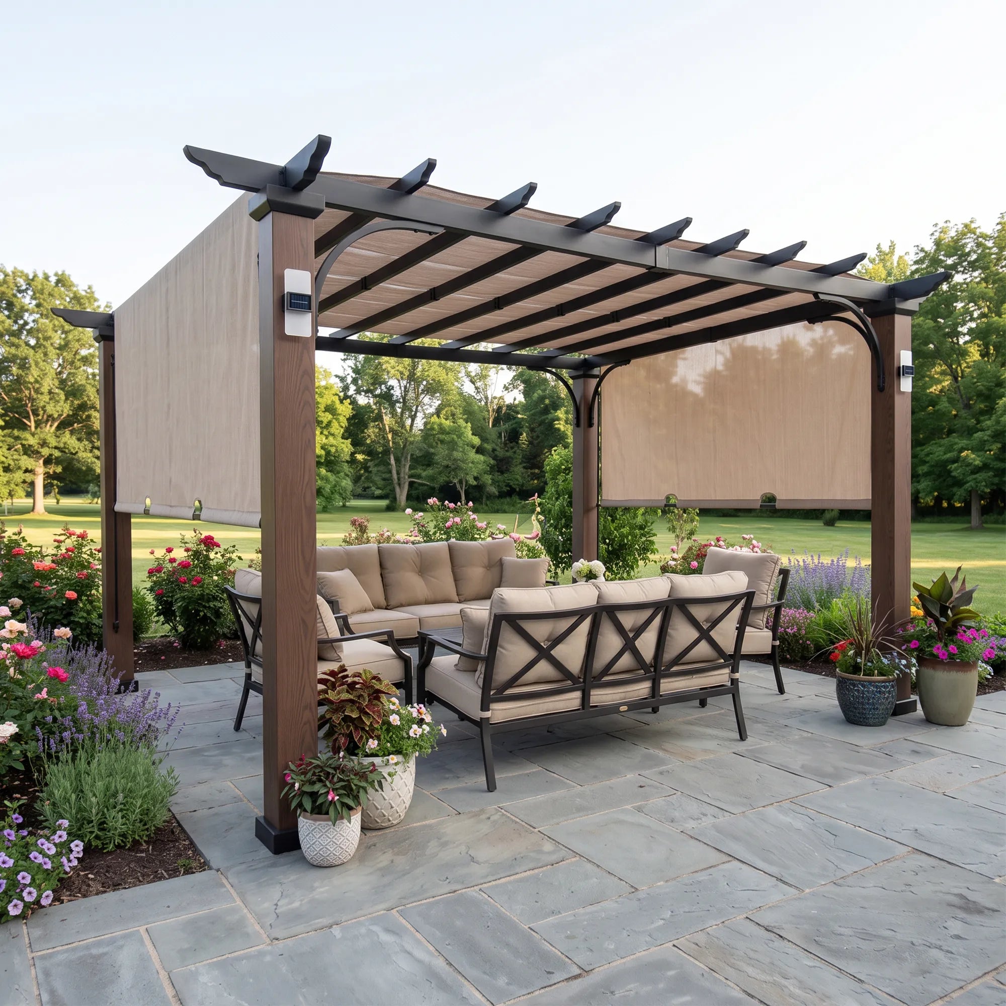 Linear Solar Hybrid Pergola with Adjustable Canopy - Natural Woodgrain, 11x11