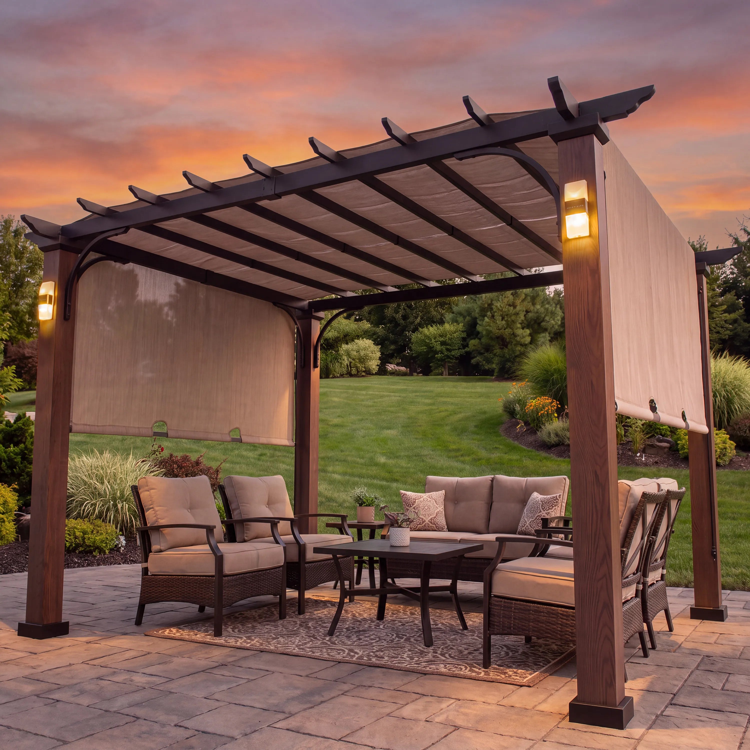 Linear Solar Hybrid Pergola with Adjustable Canopy - Natural Woodgrain, 11x11