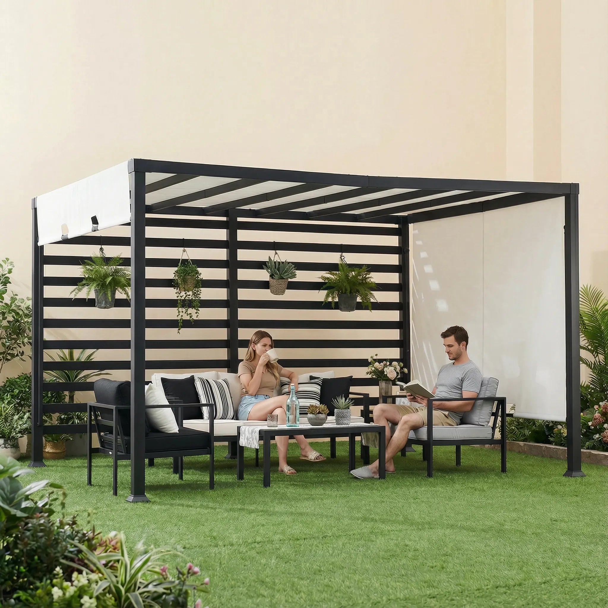 SUNJOY 10x12 Modern Steel Pergola Kit with White Adjustable Canopy and Privacy Wall