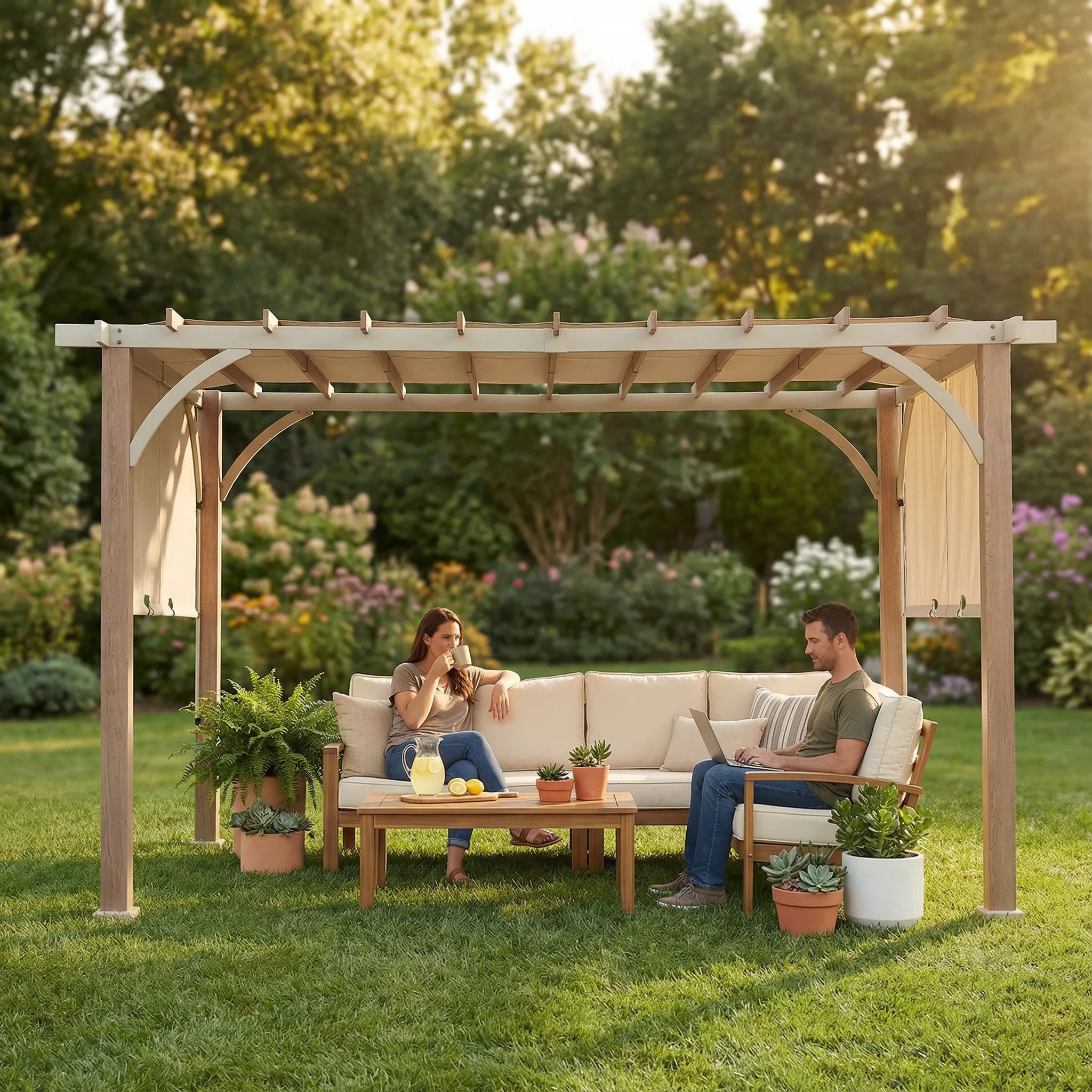 SUNJOY Outdoor Patio 12x14 Modern Metal Pergola Kit with Light Gray Adjustable Canopy