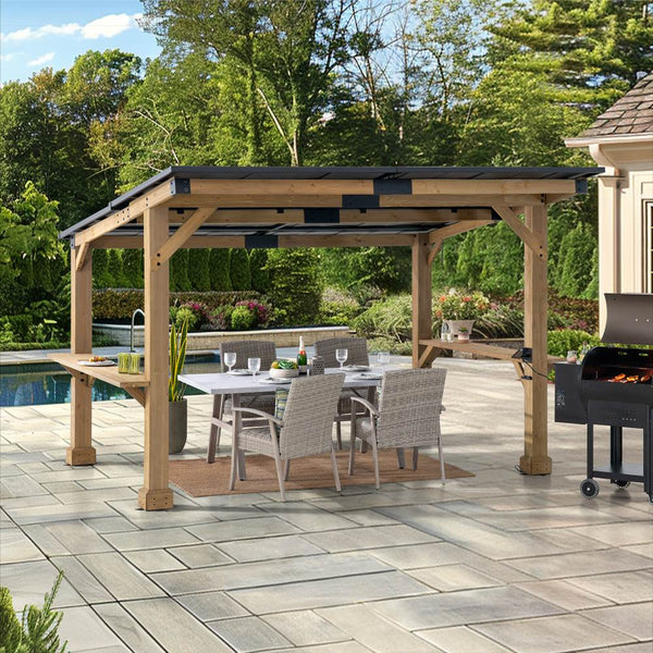 SUNJOY 10x12 Gazebo, Outdoor Patio Wooden Frame Grill Gazebo Backyard BBQ / Hot Tub Gazebo with Steel Roof, Power Port and Bar Shelves