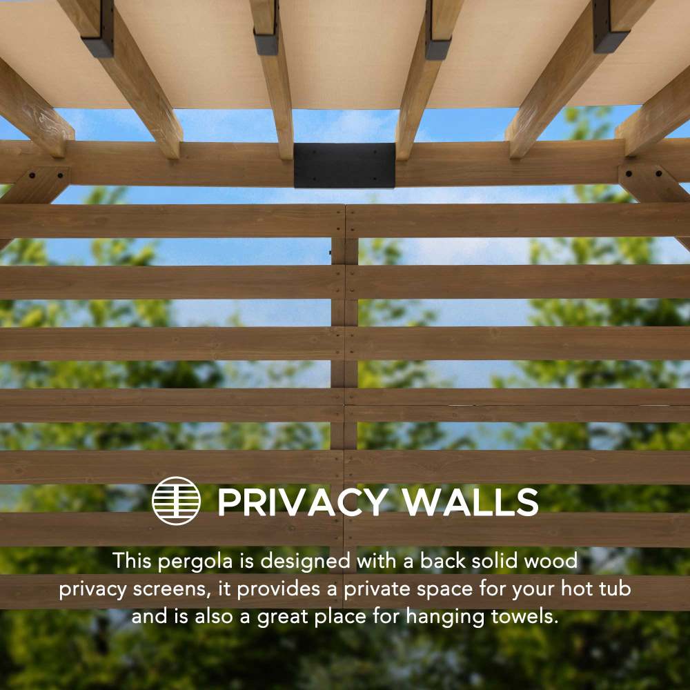 SUNJOY Outdoor Patio 10x11 Modern Wooden Frame Privacy Screen Hot Tub Pergola Kit with Tan Adjustable Canopy 