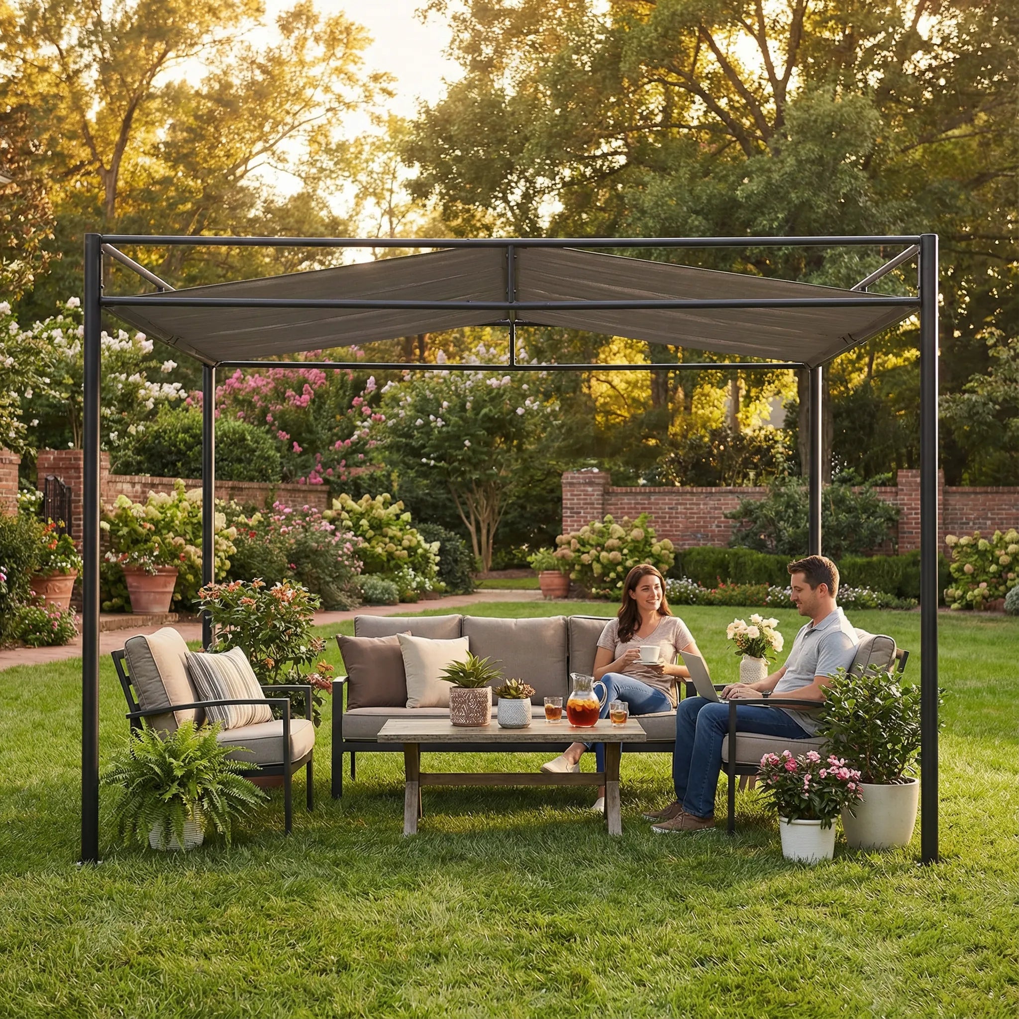 SUNJOY 10x10 Darkeford Metal Pergola with Sling Fabric Canopy - Black