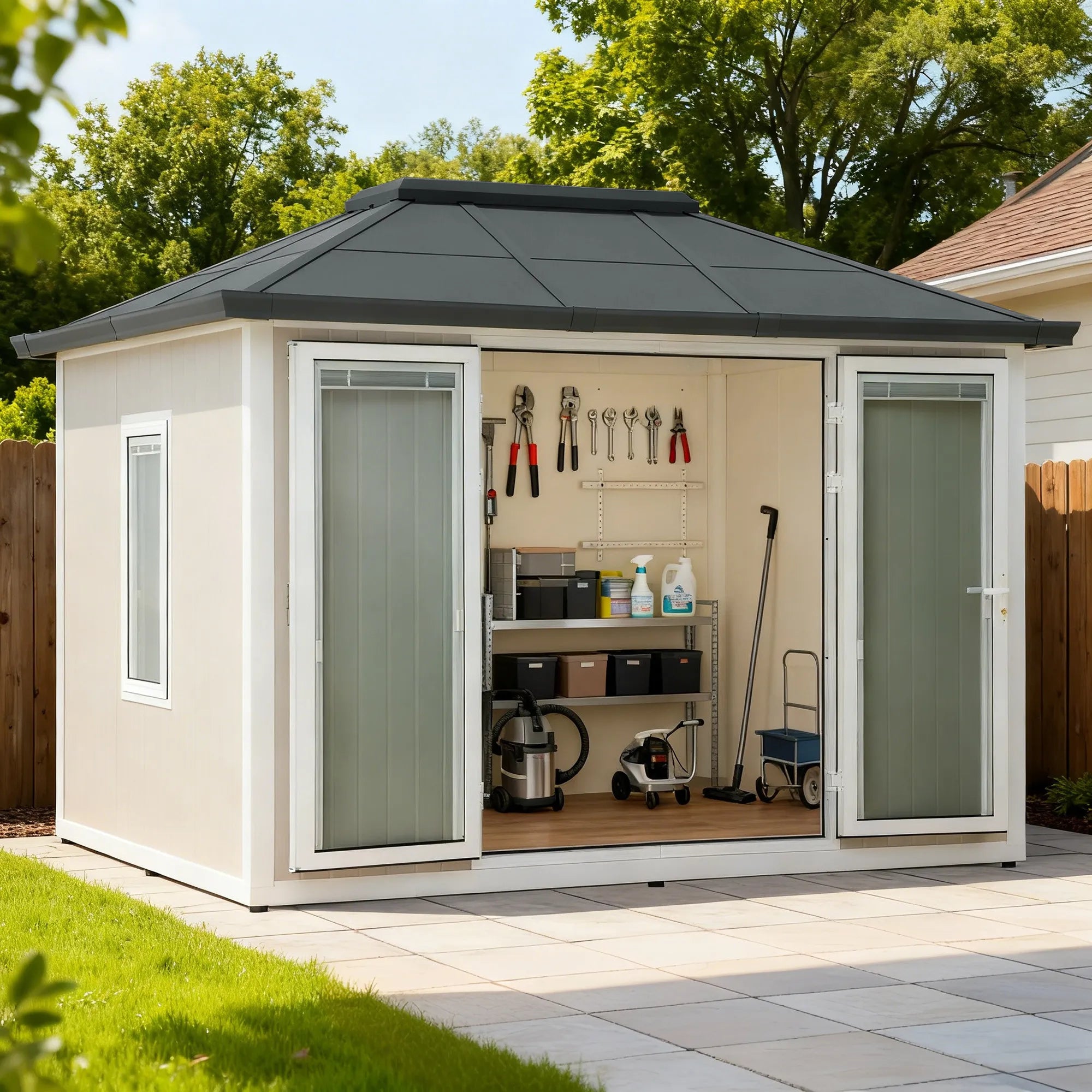 SUNJOY Outdoor Backyard 10x12.6 Office Shed Kits with Floors, Windows, and Lockable Doors - Tan