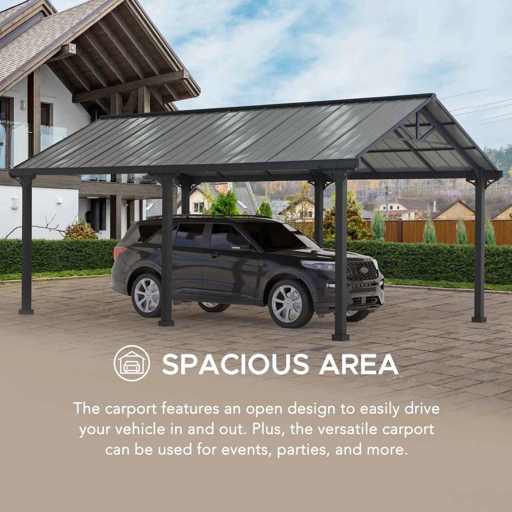 SUNJOY 12x20 Metal Carport, Black Steel Gable Roof Gazebo, Outdoor Living Pavilion with 2 Ceiling Hooks 