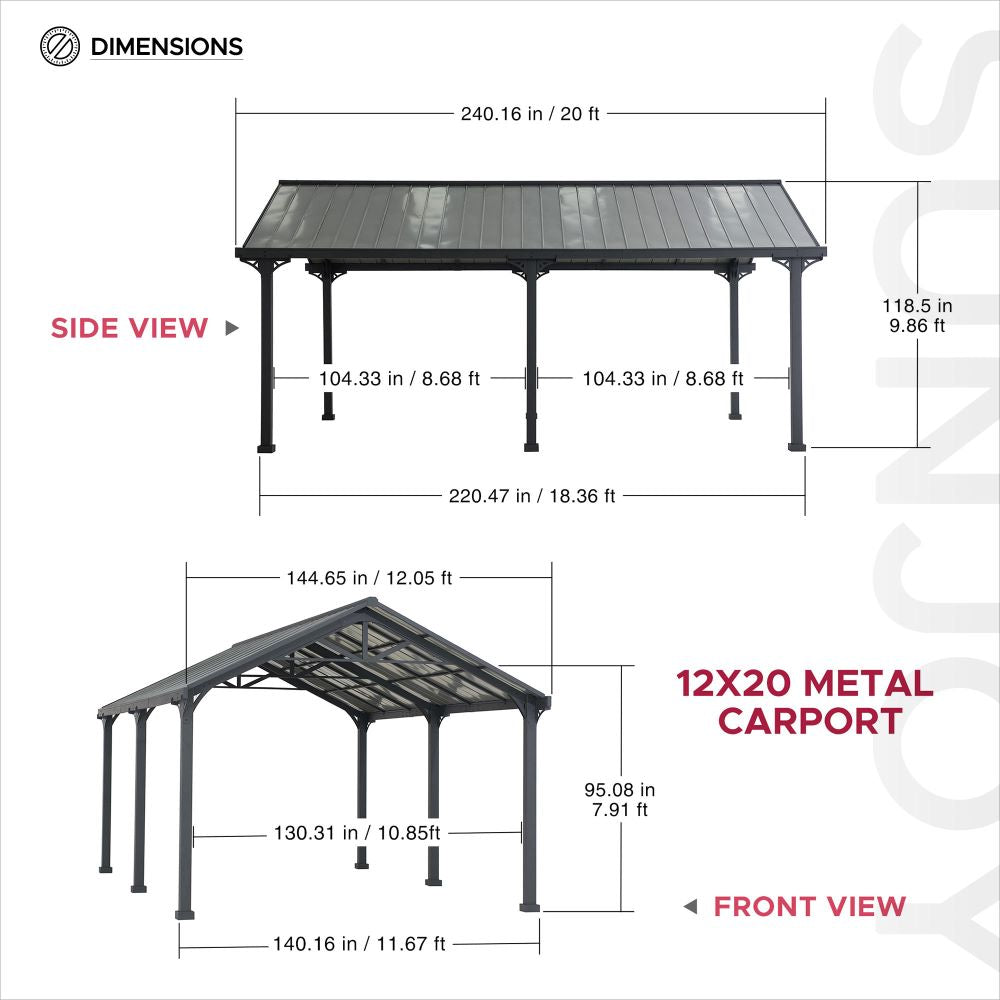 SUNJOY 12x20 Metal Carport, Black Steel Gable Roof Gazebo, Outdoor Living Pavilion with 2 Ceiling Hooks 