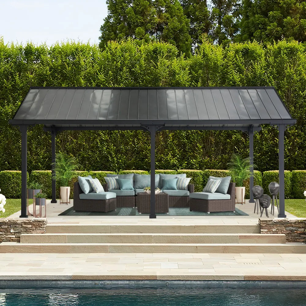 SUNJOY 12x20 Metal Carport, Black Steel Gable Roof Gazebo, Outdoor Living Pavilion with 2 Ceiling Hooks