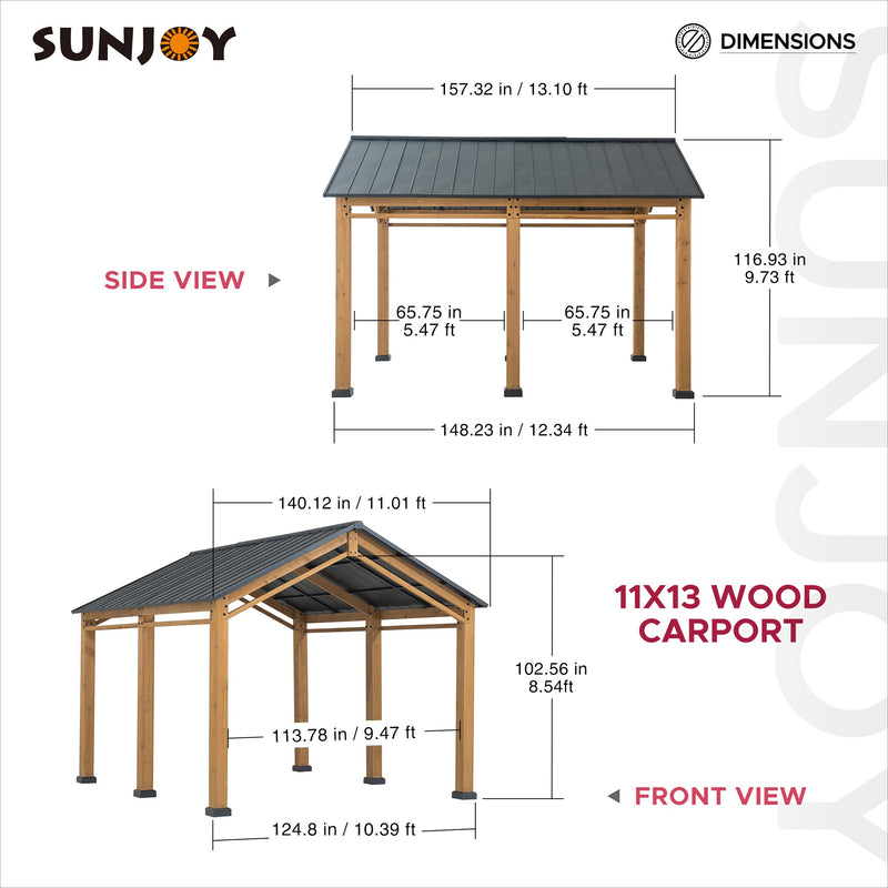 Sunjoy 11x13 Wood Carport, Black Gable Roof Wood Gazebo, Outdoor Livin