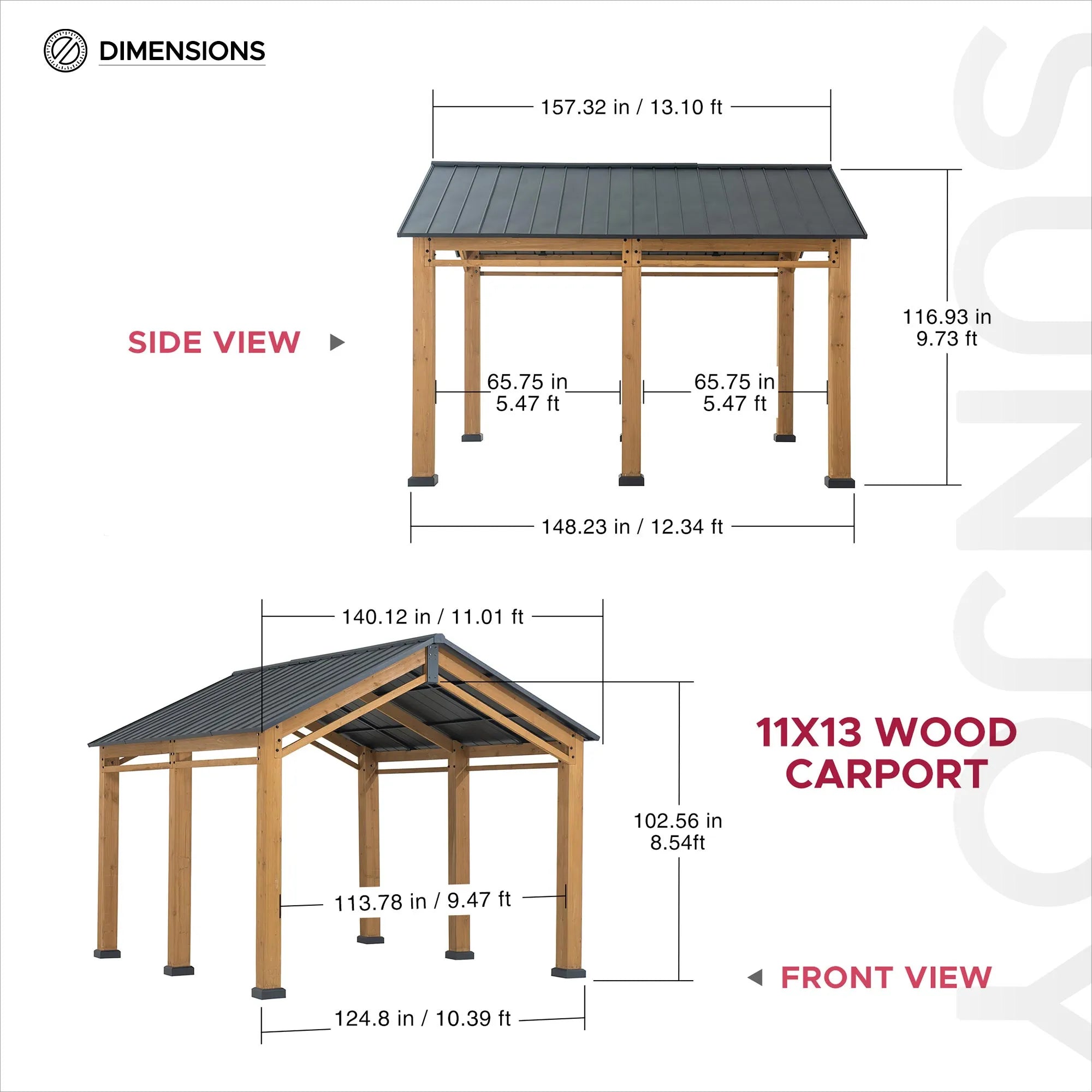 SUNJOY 11x13 Wood Carport Black Gable Roof Gazebo with Ceiling Hook
