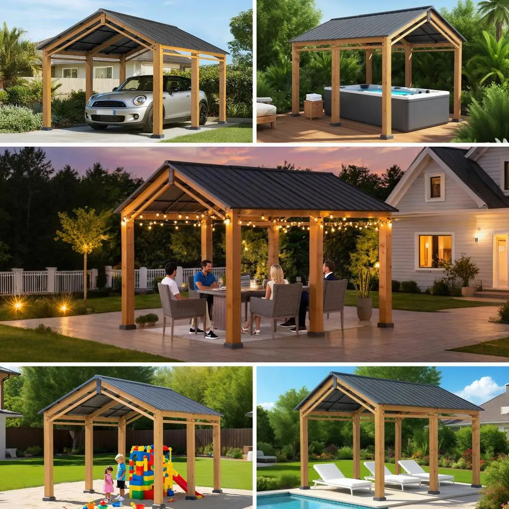 SUNJOY 11x13 Wood Hardtop Carport Heavy Duty Gable Roof Gazebo with Ceiling Hook