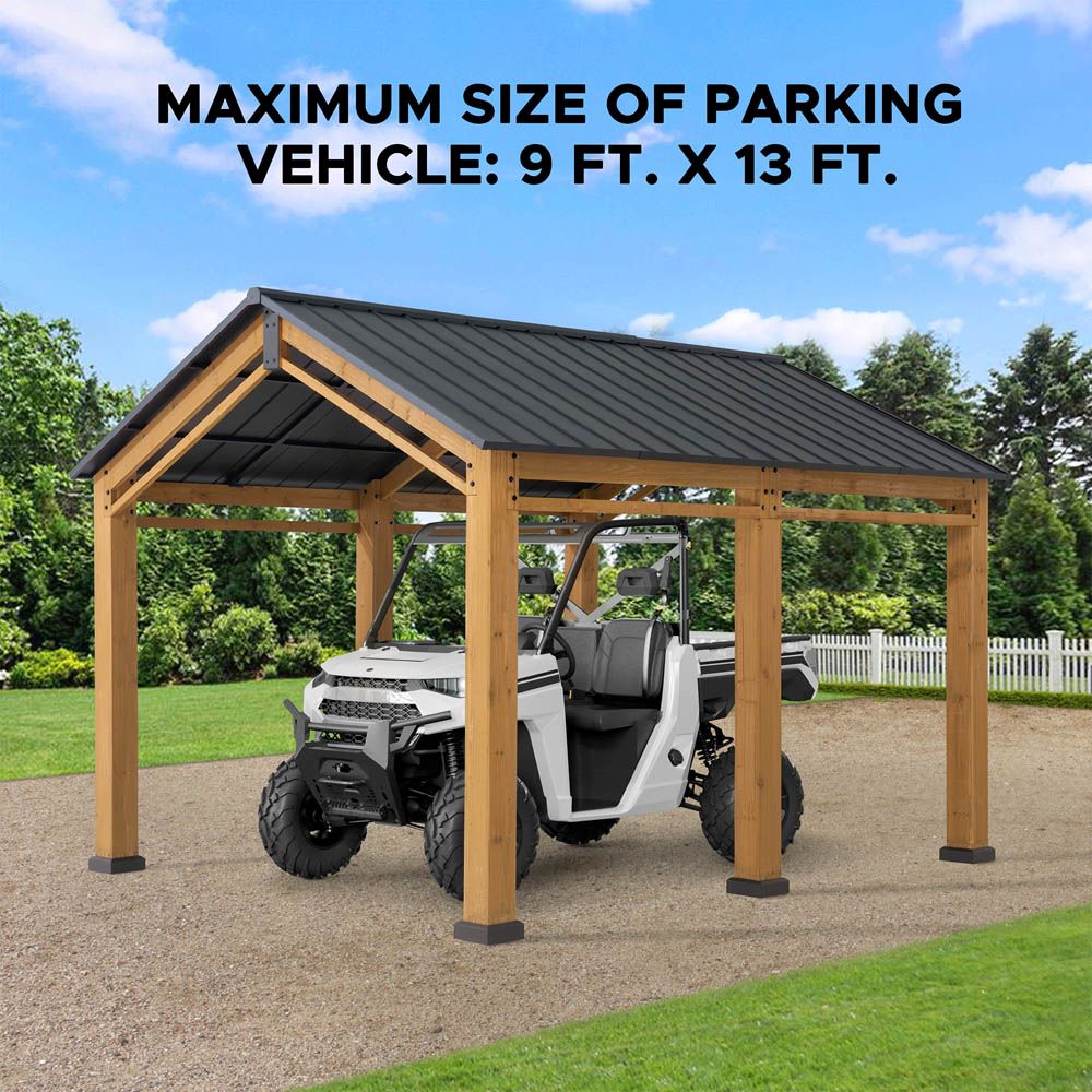 SUNJOY 11x13 Wood Carport, Black Gable Roof Wood Gazebo, Outdoor Living Pavilion with Ceiling Hook 