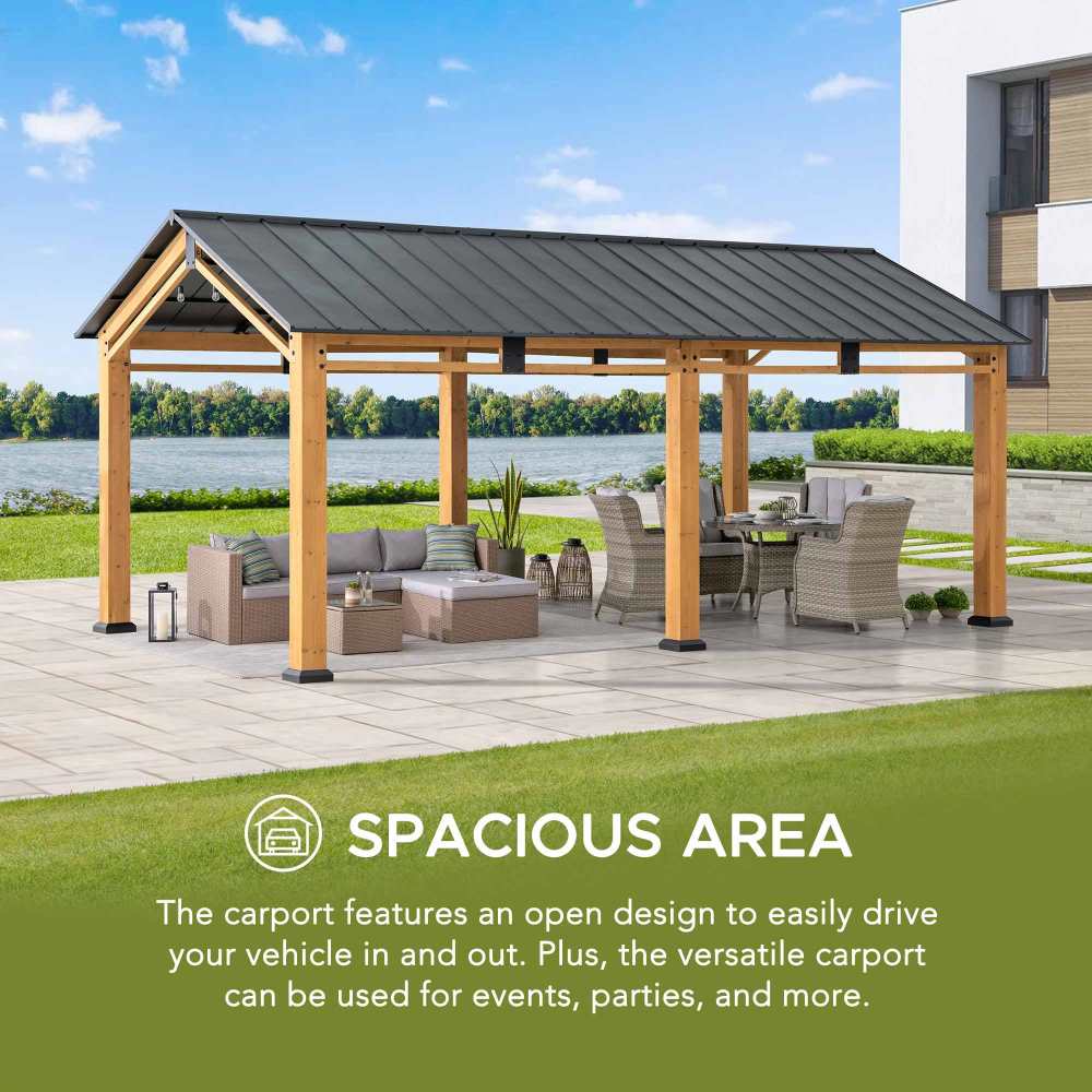 SUNJOY 11x20 Wood Carport, Black Steel Gable Roof Gazebo, Outdoor Living Pavilion with Ceiling Hook 